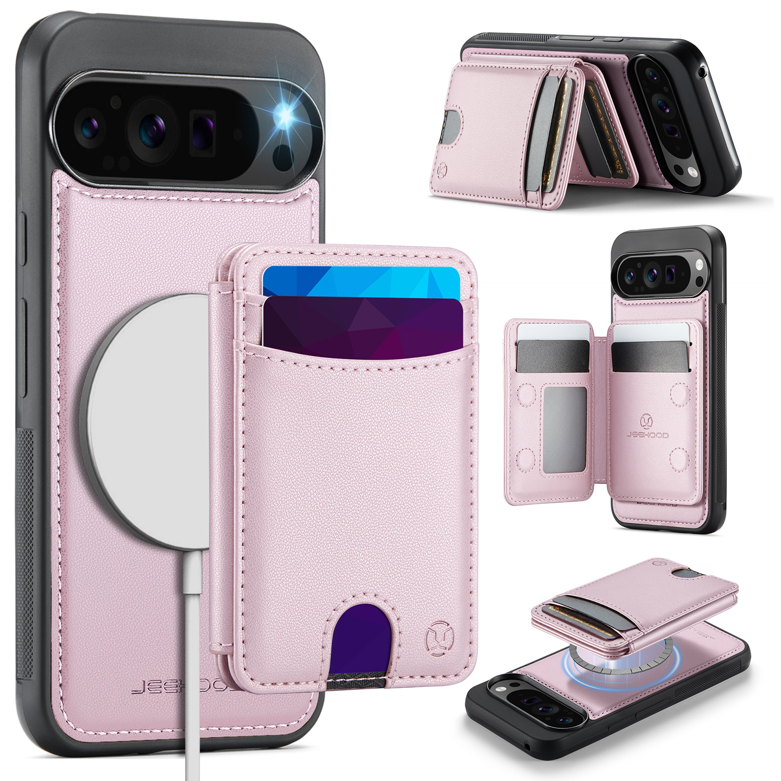 For Google Pixel 9 Pro XL Case JEEHOOD J10 Compatible with MagSafe Leather Back Phone Cover with Detachable Card Holder Kickstand - Pink