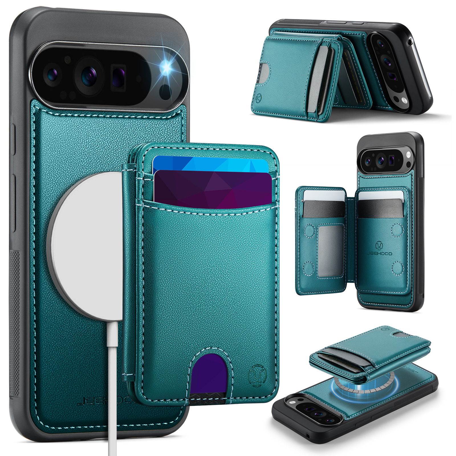 For Google Pixel 9 Pro XL Case JEEHOOD J10 Compatible with MagSafe Leather Back Phone Cover with Detachable Card Holder Kickstand - Blue