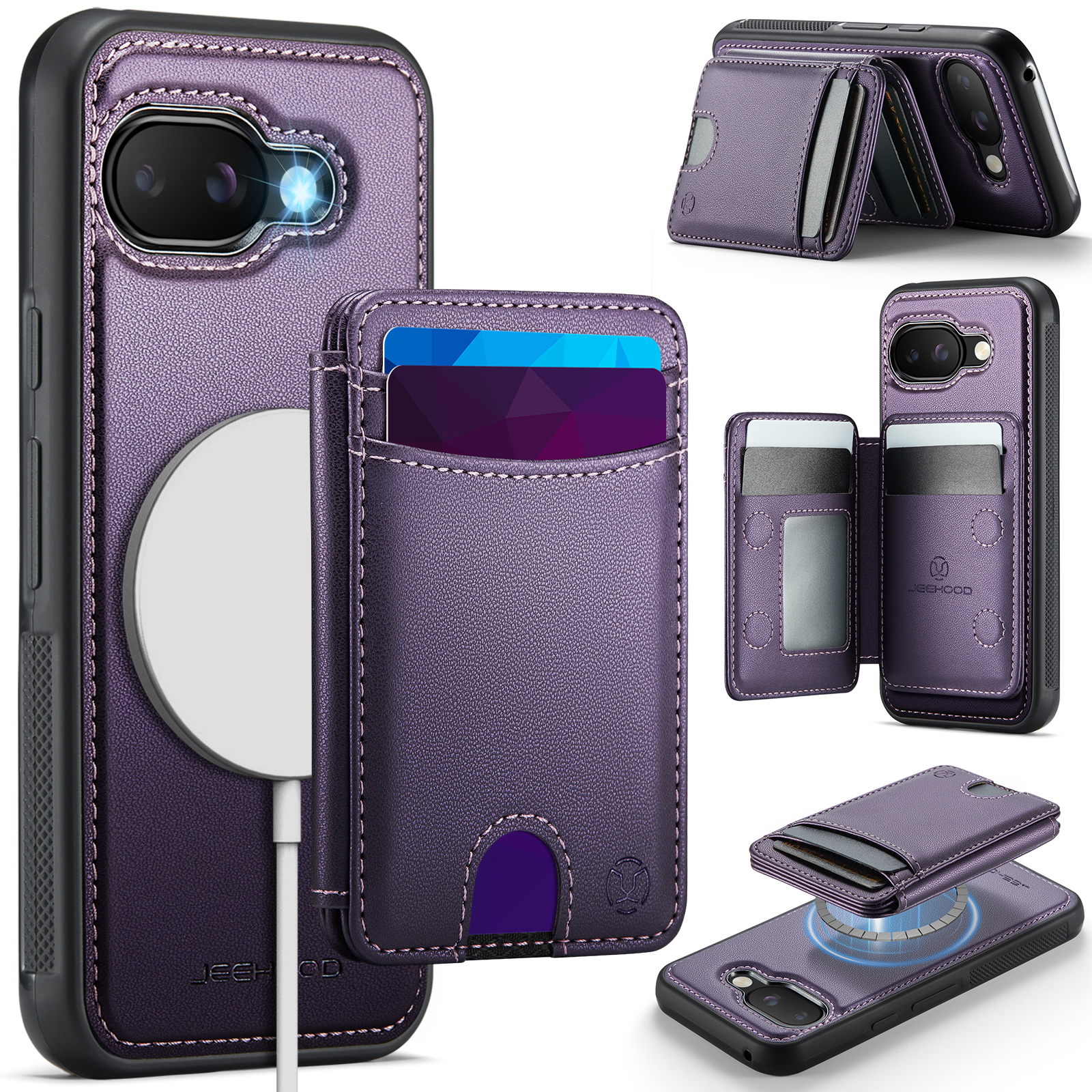 For Google Pixel 9a Case JEEHOOD J10  Compatible with MagSafe Leather Back Phone Cover with Detachable Card Holder Kickstand - Purple