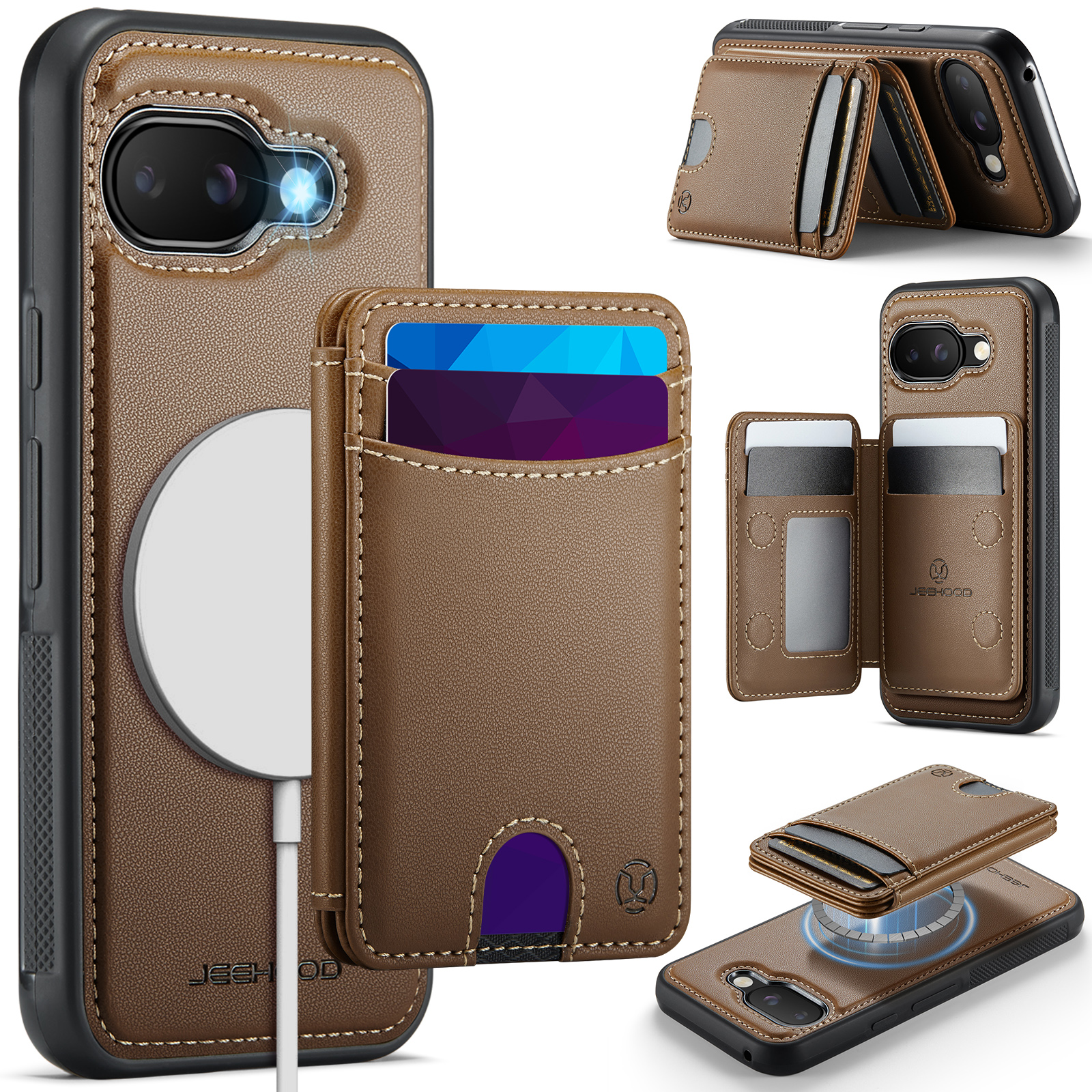 For Google Pixel 9a Case JEEHOOD J10  Compatible with MagSafe Leather Back Phone Cover with Detachable Card Holder Kickstand - Brown