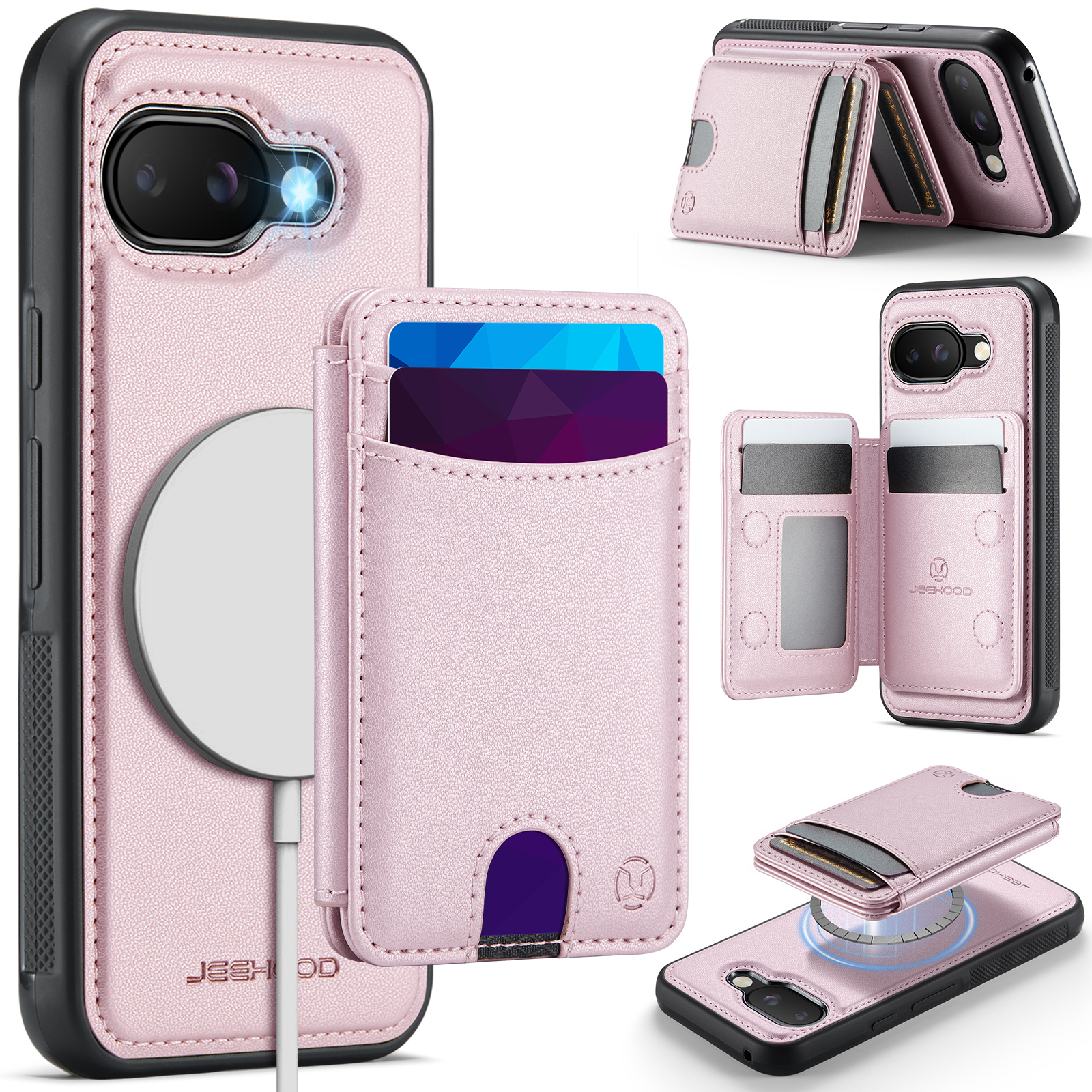 For Google Pixel 9a Case JEEHOOD J10  Compatible with MagSafe Leather Back Phone Cover with Detachable Card Holder Kickstand - Pink