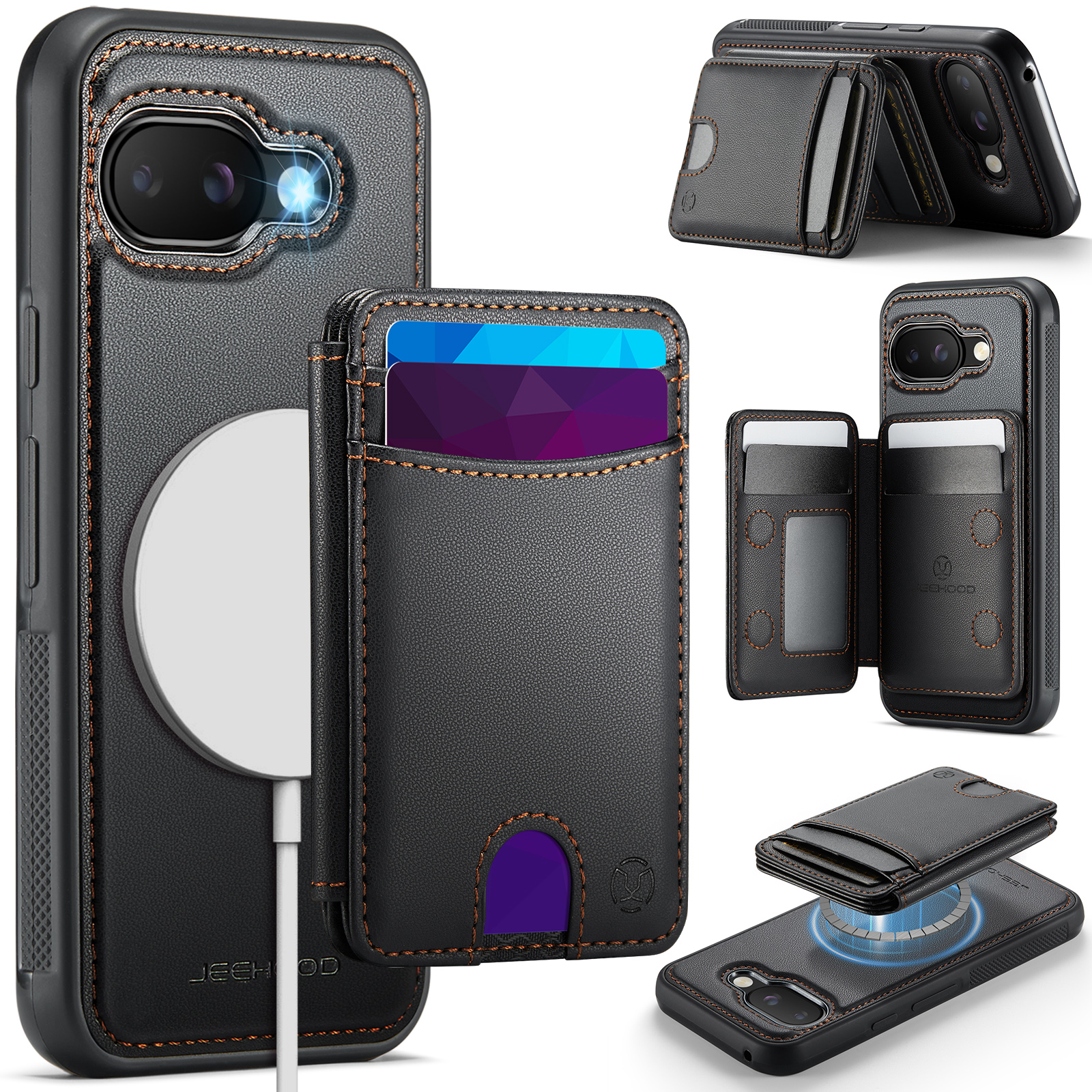 For Google Pixel 9a Case JEEHOOD J10  Compatible with MagSafe Leather Back Phone Cover with Detachable Card Holder Kickstand - Black