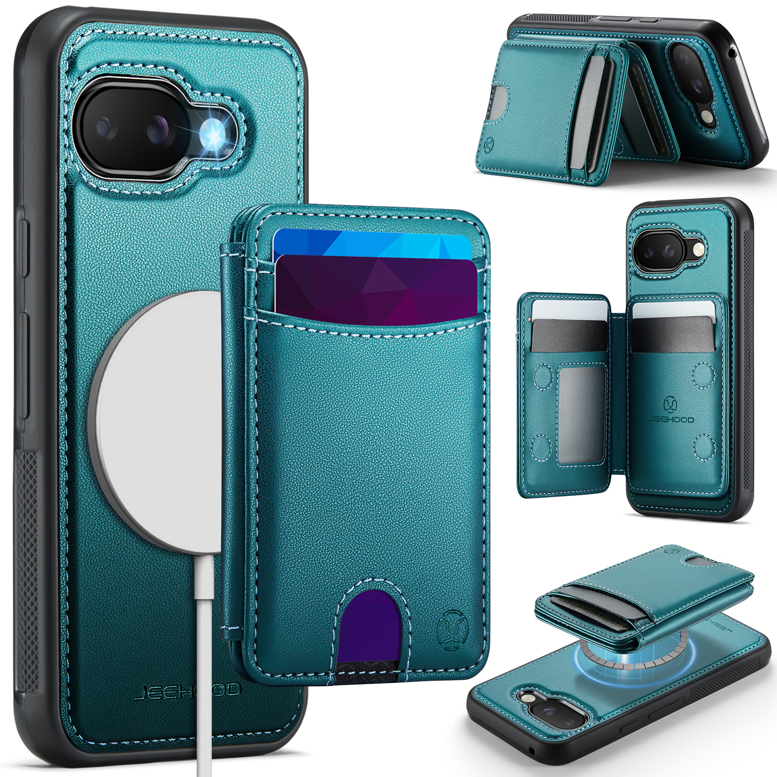 For Google Pixel 9a Case JEEHOOD J10  Compatible with MagSafe Leather Back Phone Cover with Detachable Card Holder Kickstand - Blue