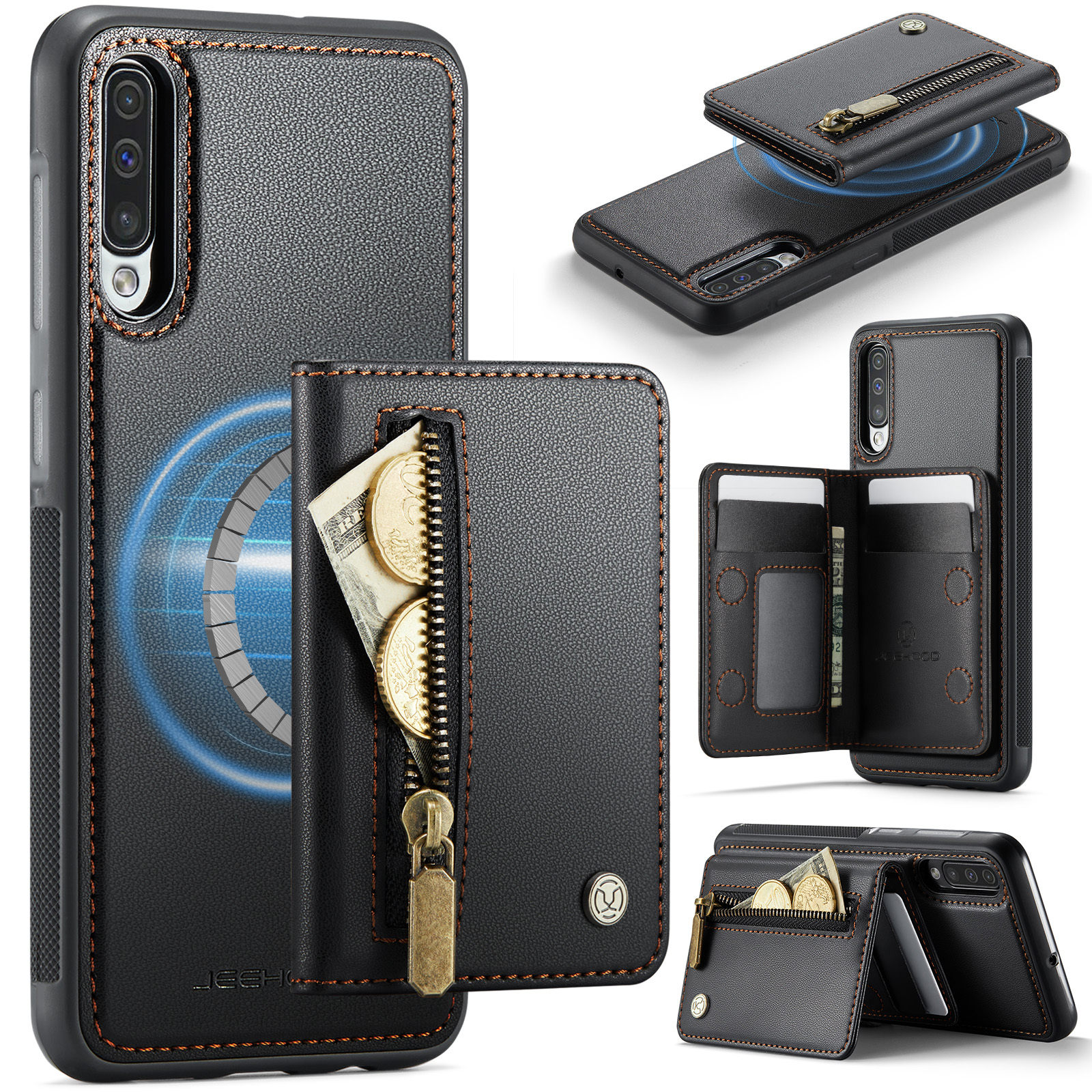 JEEHOOD For Samsung Galaxy A50 Case J12 Magnetic Detachable Zipper Wallet Kickstand Leather Back Cover Magnetic Case - Black