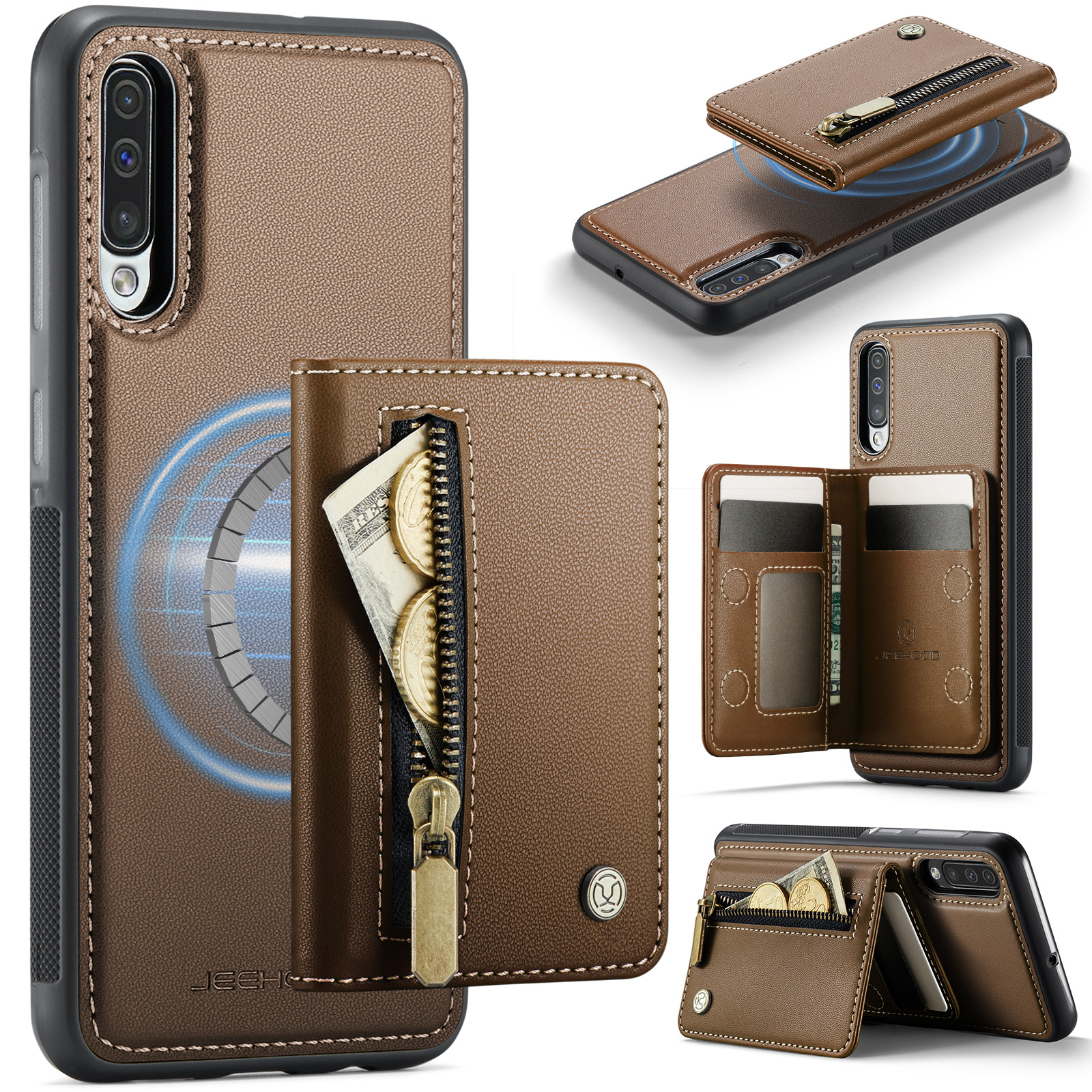 JEEHOOD For Samsung Galaxy A50 Case  J12 Magnetic Detachable Zipper Wallet Kickstand Leather Back Cover Magnetic Case - Brown