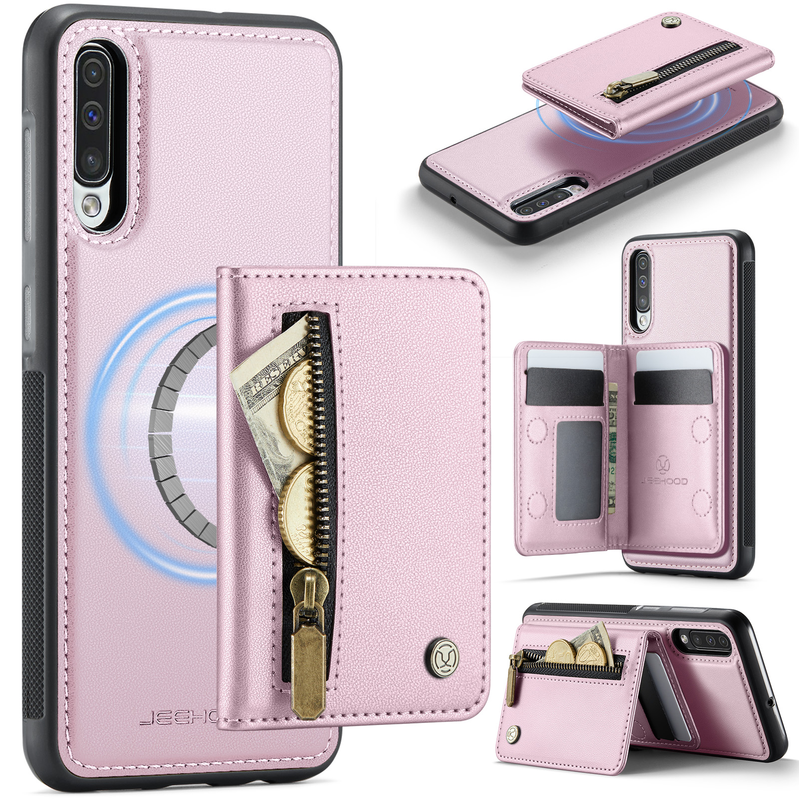 JEEHOOD For Samsung Galaxy A50 Case J12 Magnetic Detachable Zipper Wallet Kickstand Leather Back Cover Magnetic Case - Pink