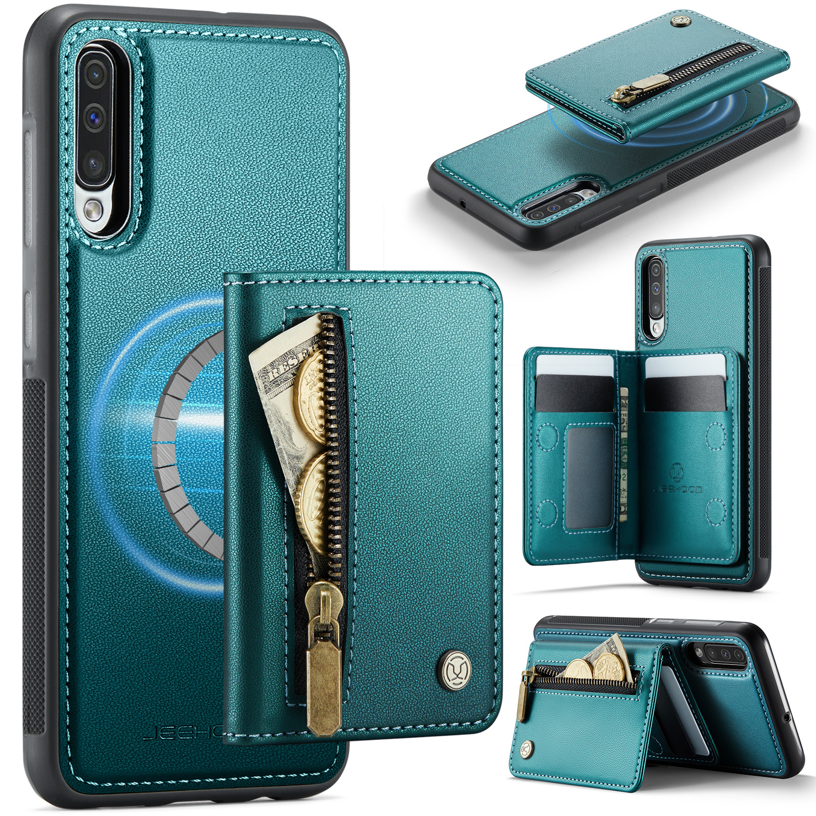 JEEHOOD For Samsung Galaxy A50 Case  J12 Magnetic Detachable Zipper Wallet Kickstand Leather Back Cover Magnetic Case - Blue