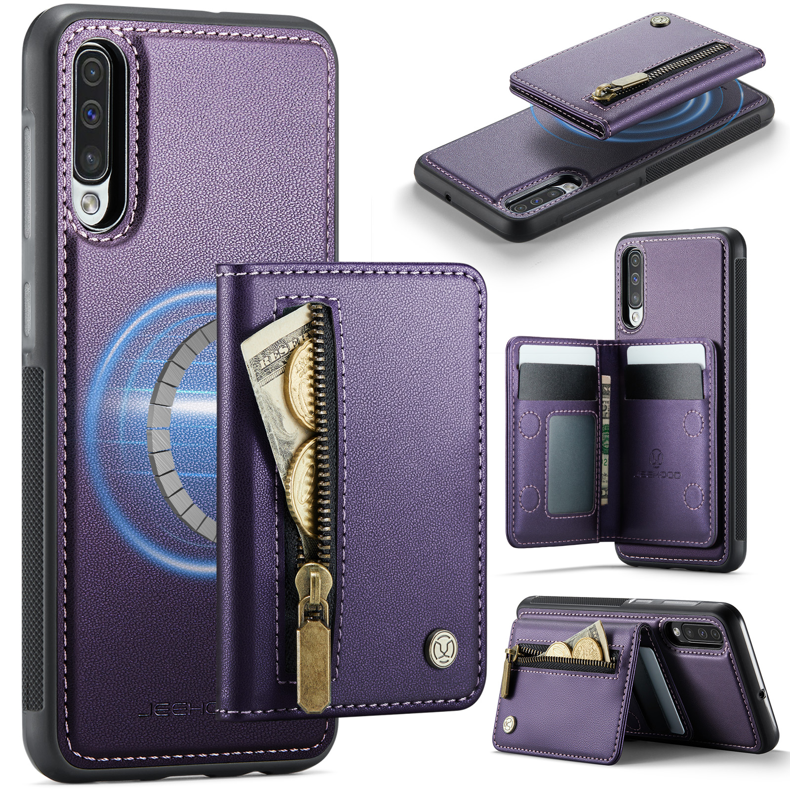 JEEHOOD For Samsung Galaxy A50 Case J12 Magnetic Detachable Zipper Wallet Kickstand Leather Back Cover Magnetic Case - Purple