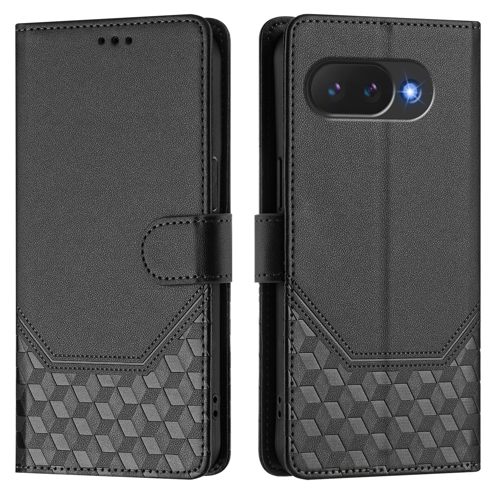 For Google Pixel 10a Case Imprinted Honeycomb RFID Blocking Leather Phone Cover with Strap - Black