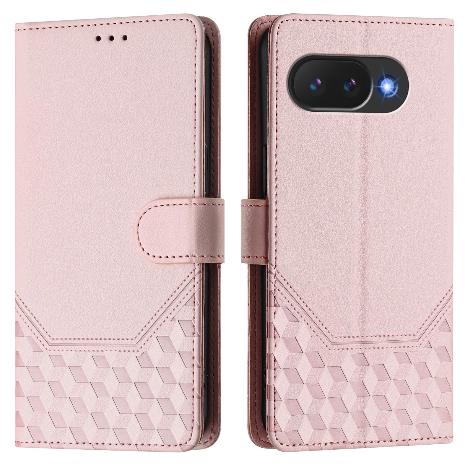 For Google Pixel 10a Case Imprinted Honeycomb RFID Blocking Leather Phone Cover with Strap - Pink