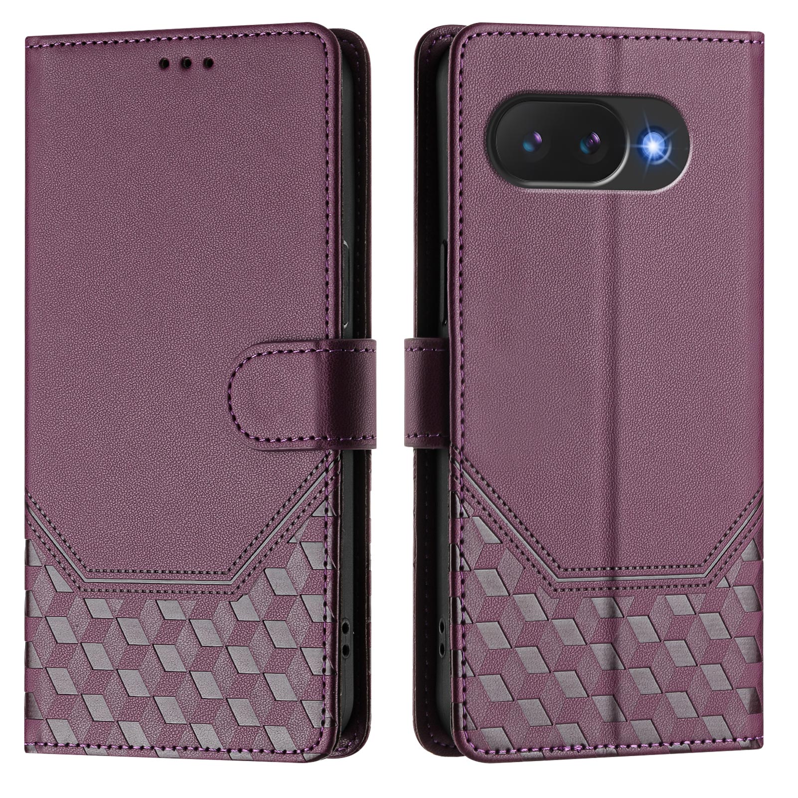 For Google Pixel 10a Case Imprinted Honeycomb RFID Blocking Leather Phone Cover with Strap - Dark Purple