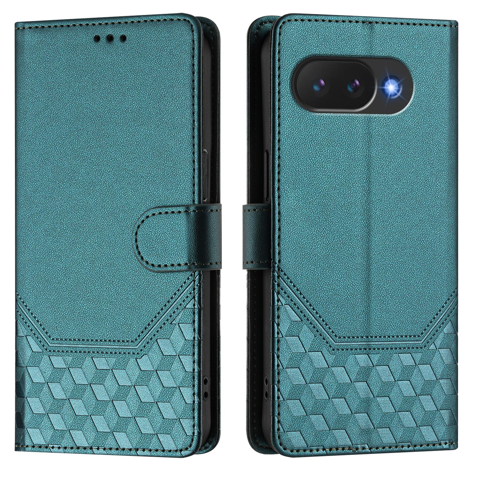 For Google Pixel 10a Case Imprinted Honeycomb RFID Blocking Leather Phone Cover with Strap - Green