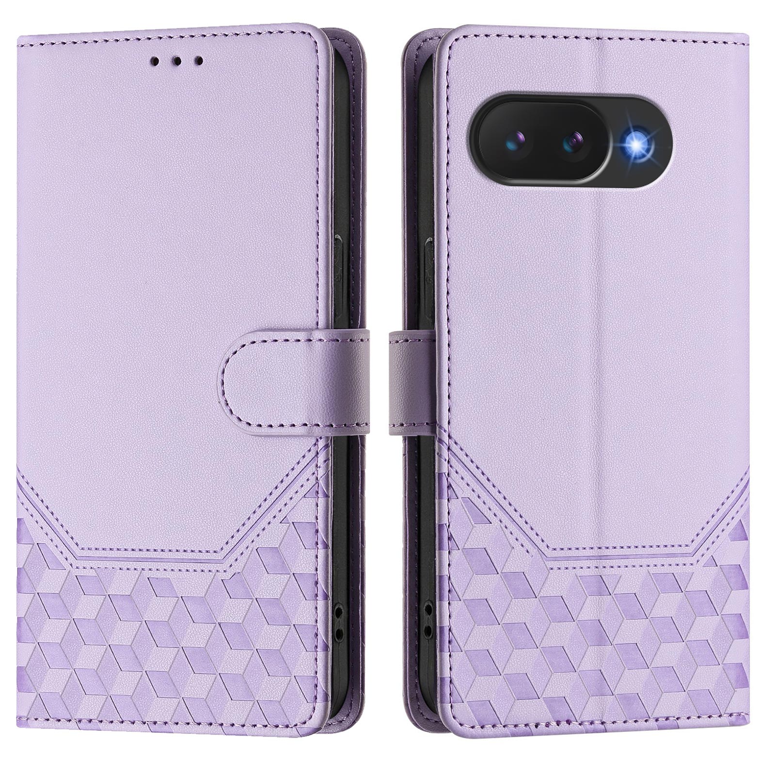For Google Pixel 10a Case Imprinted Honeycomb RFID Blocking Leather Phone Cover with Strap - Light Purple