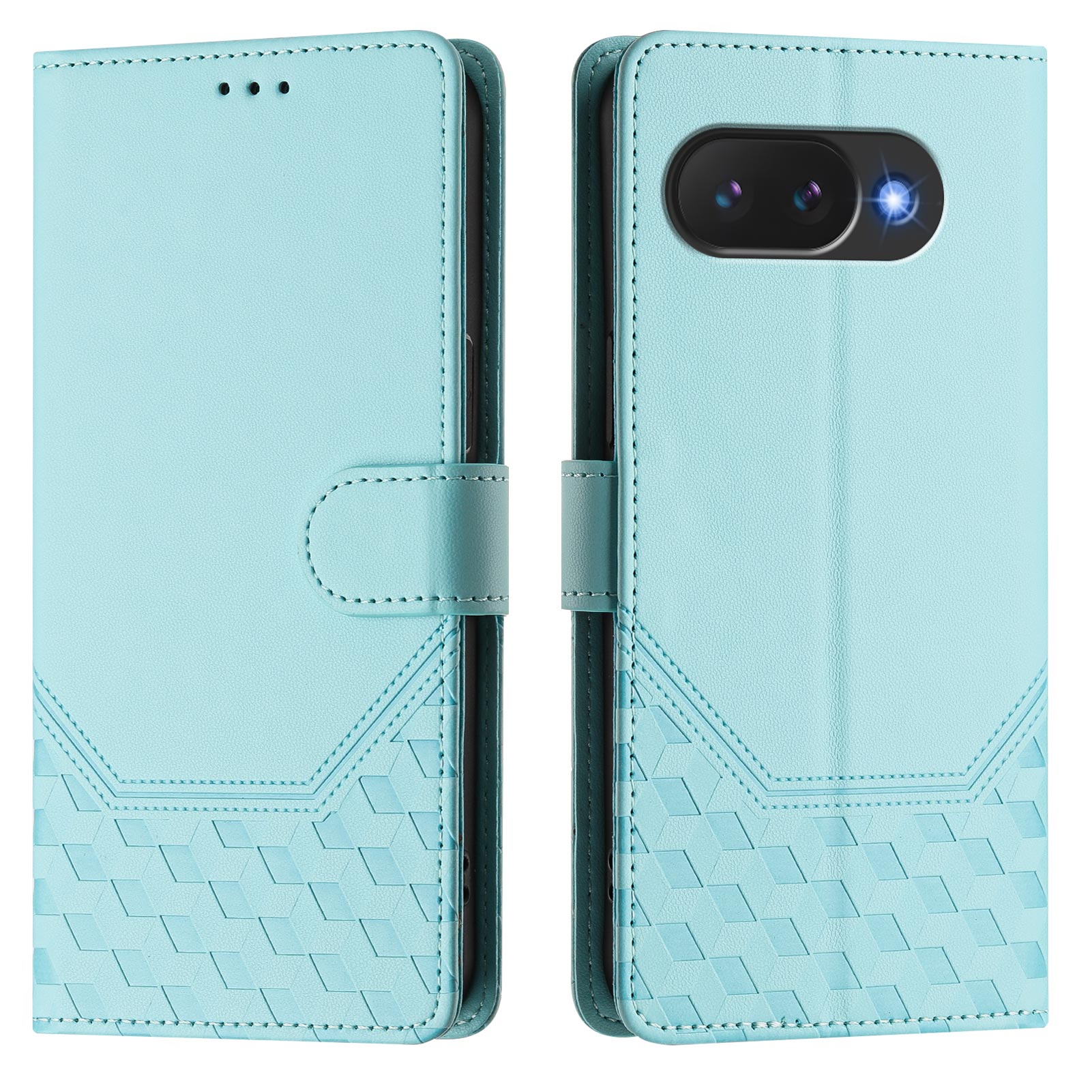 For Google Pixel 10a Case Imprinted Honeycomb RFID Blocking Leather Phone Cover with Strap - Mint Green