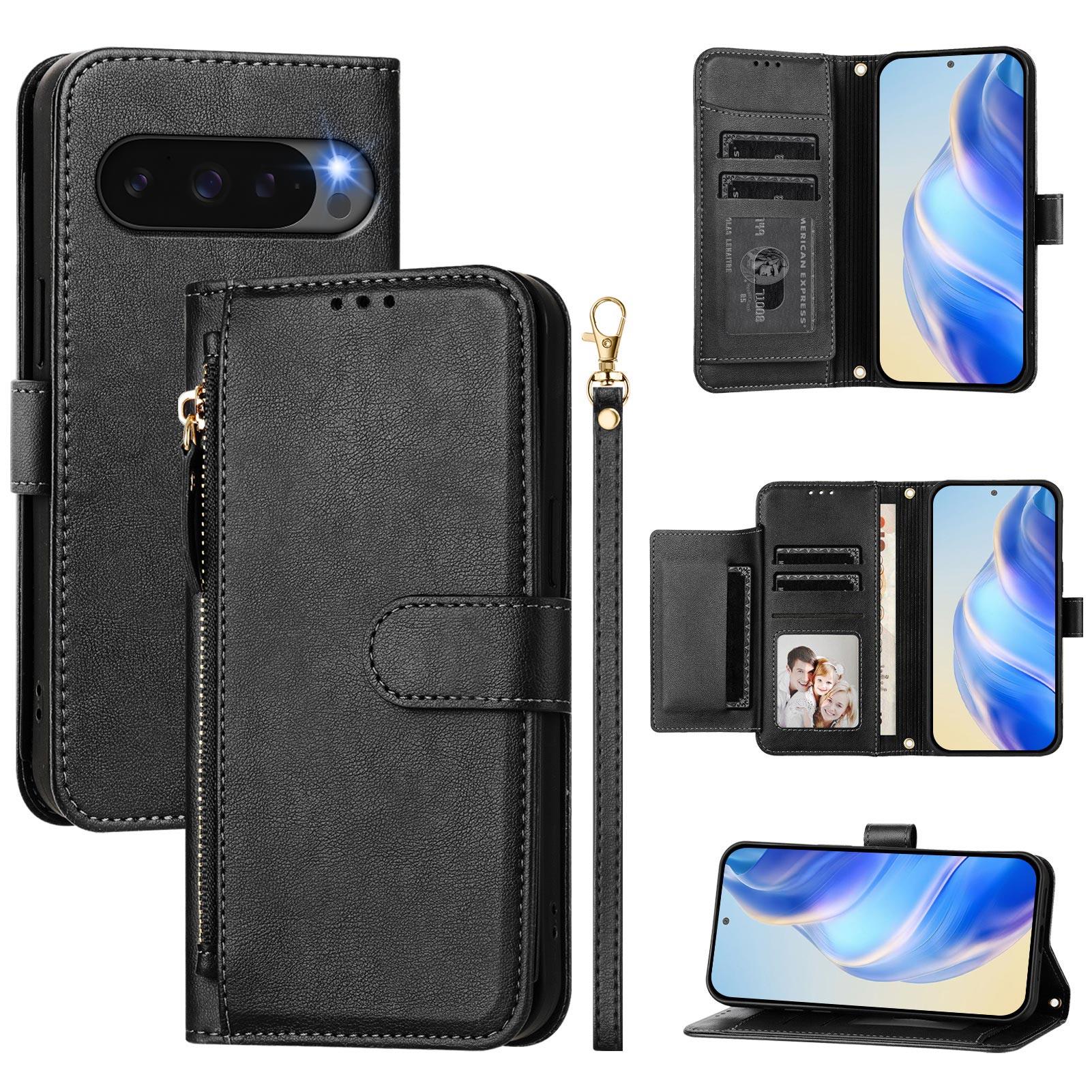 For Google Pixel 10 Pro / Google Pixel 10 Case Zipper Pocket Multiple Card Slots Leather Phone Cover - Black