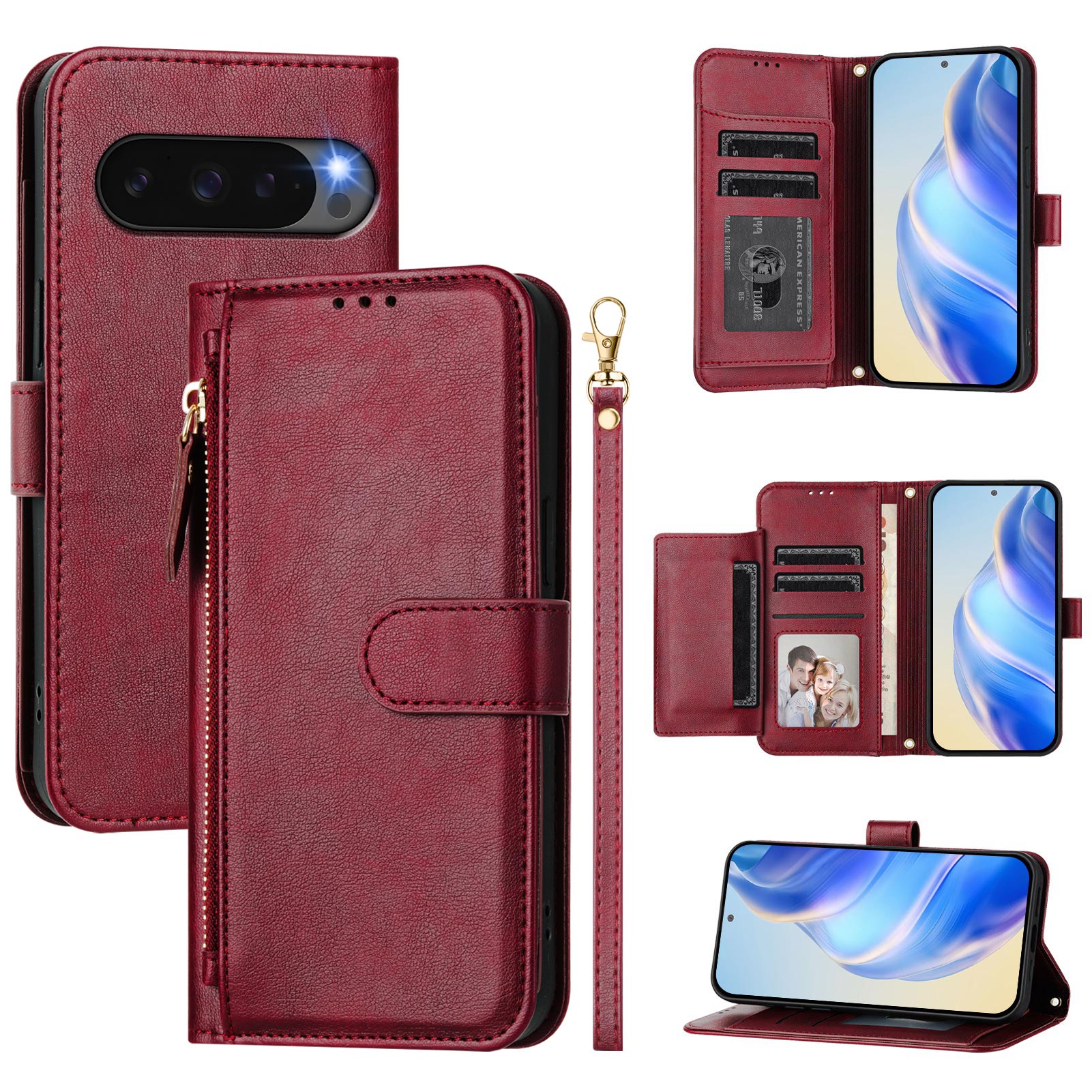 For Google Pixel 10 Pro / Google Pixel 10 Case Zipper Pocket Multiple Card Slots Leather Phone Cover - Red