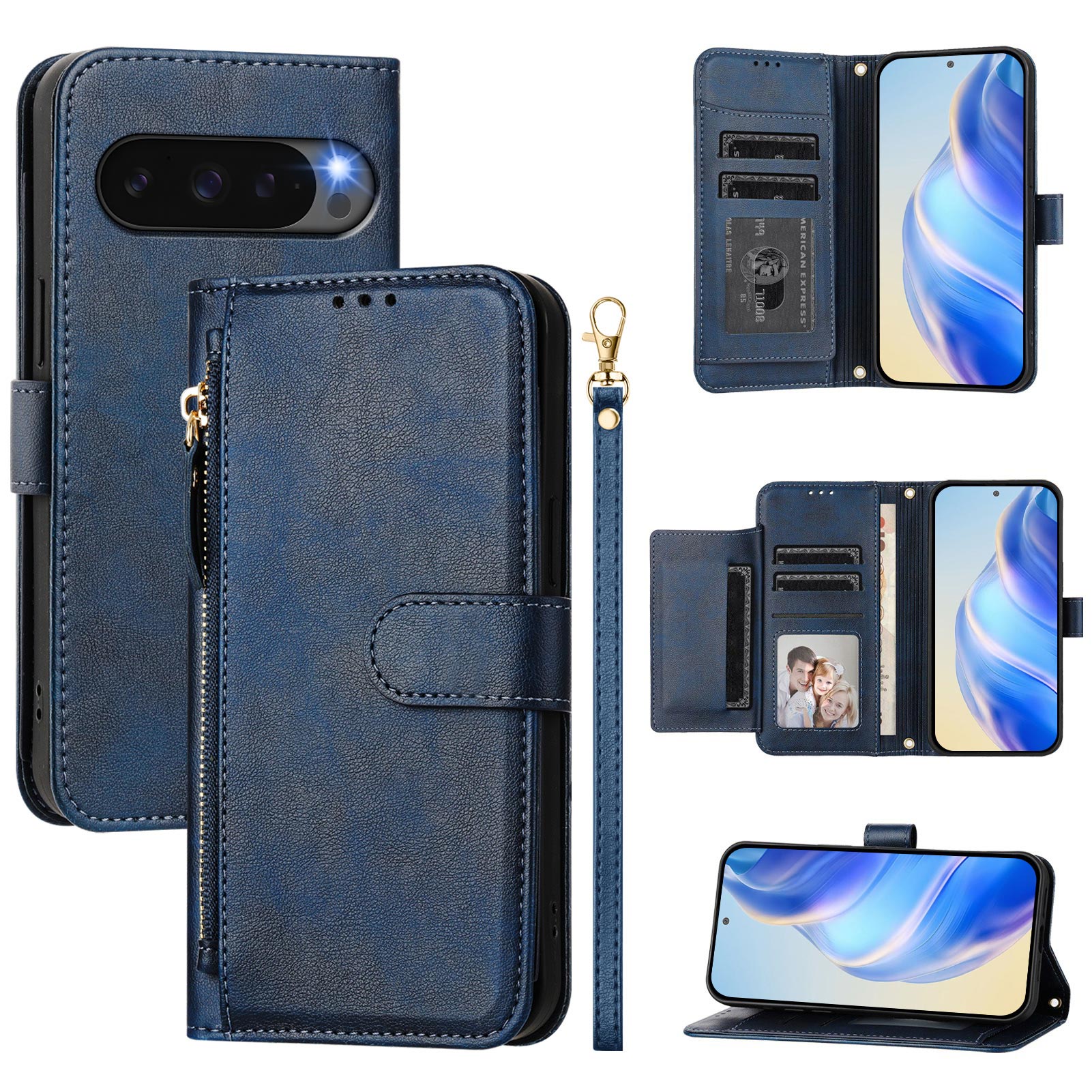 For Google Pixel 10 Pro / Google Pixel 10 Case Zipper Pocket Multiple Card Slots Leather Phone Cover - Blue