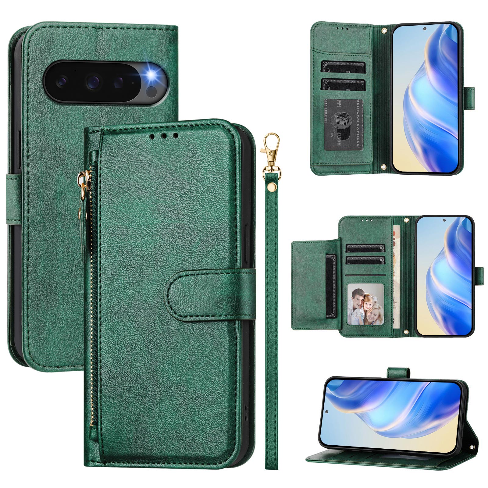 For Google Pixel 10 Pro / Google Pixel 10 Case Zipper Pocket Multiple Card Slots Leather Phone Cover - Green