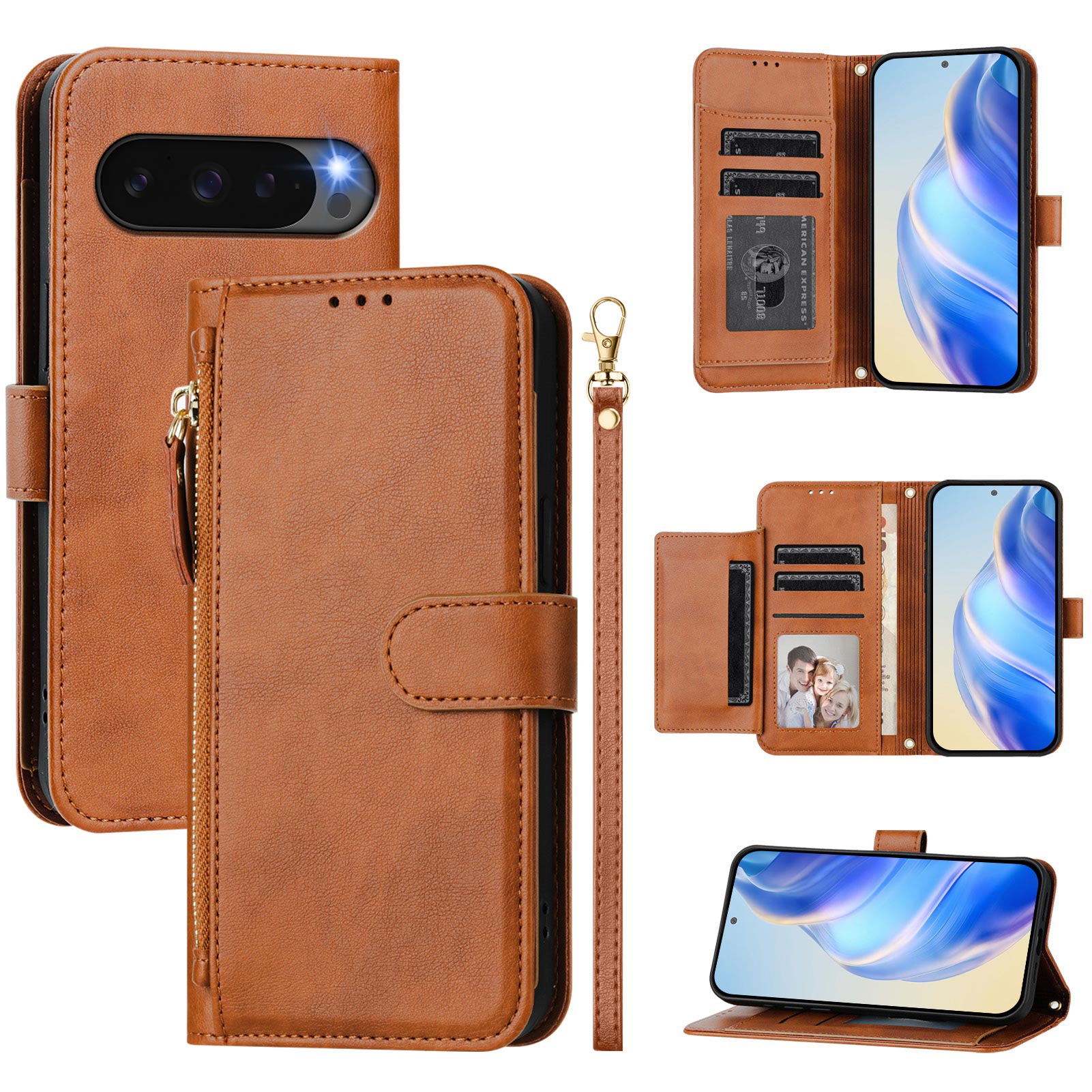 For Google Pixel 10 Pro / Google Pixel 10 Case Zipper Pocket Multiple Card Slots Leather Phone Cover - Brown