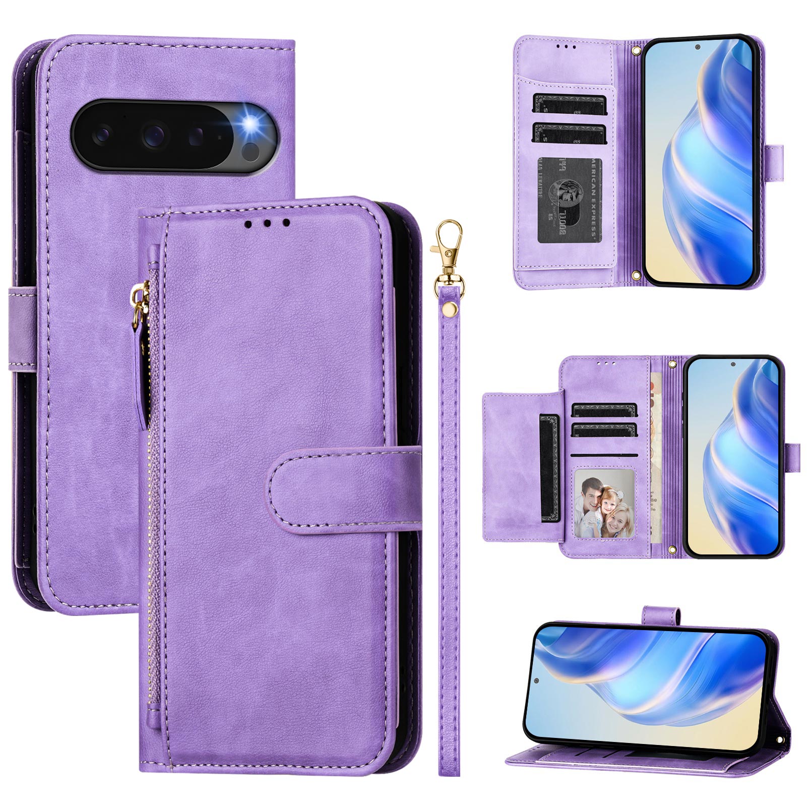 For Google Pixel 10 Pro / Google Pixel 10 Case Zipper Pocket Multiple Card Slots Leather Phone Cover - Purple