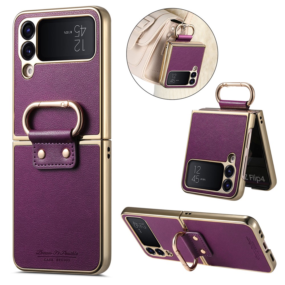 For Samsung Galaxy Z Flip4 5G Case Electroplating Leather Coated PC Phone Cover with Spring Ring Buckle Kickstand - Purple