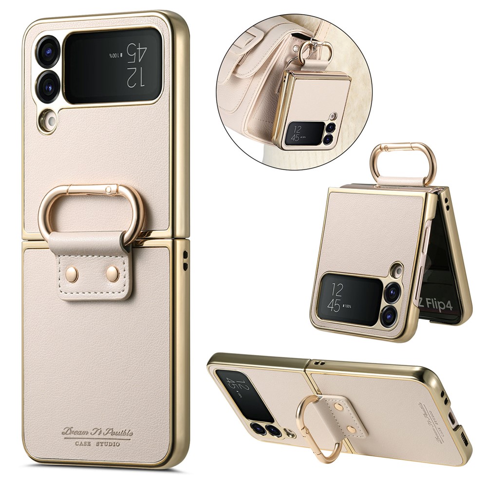 For Samsung Galaxy Z Flip4 5G Case Electroplating Leather Coated PC Phone Cover with Spring Ring Buckle Kickstand - White
