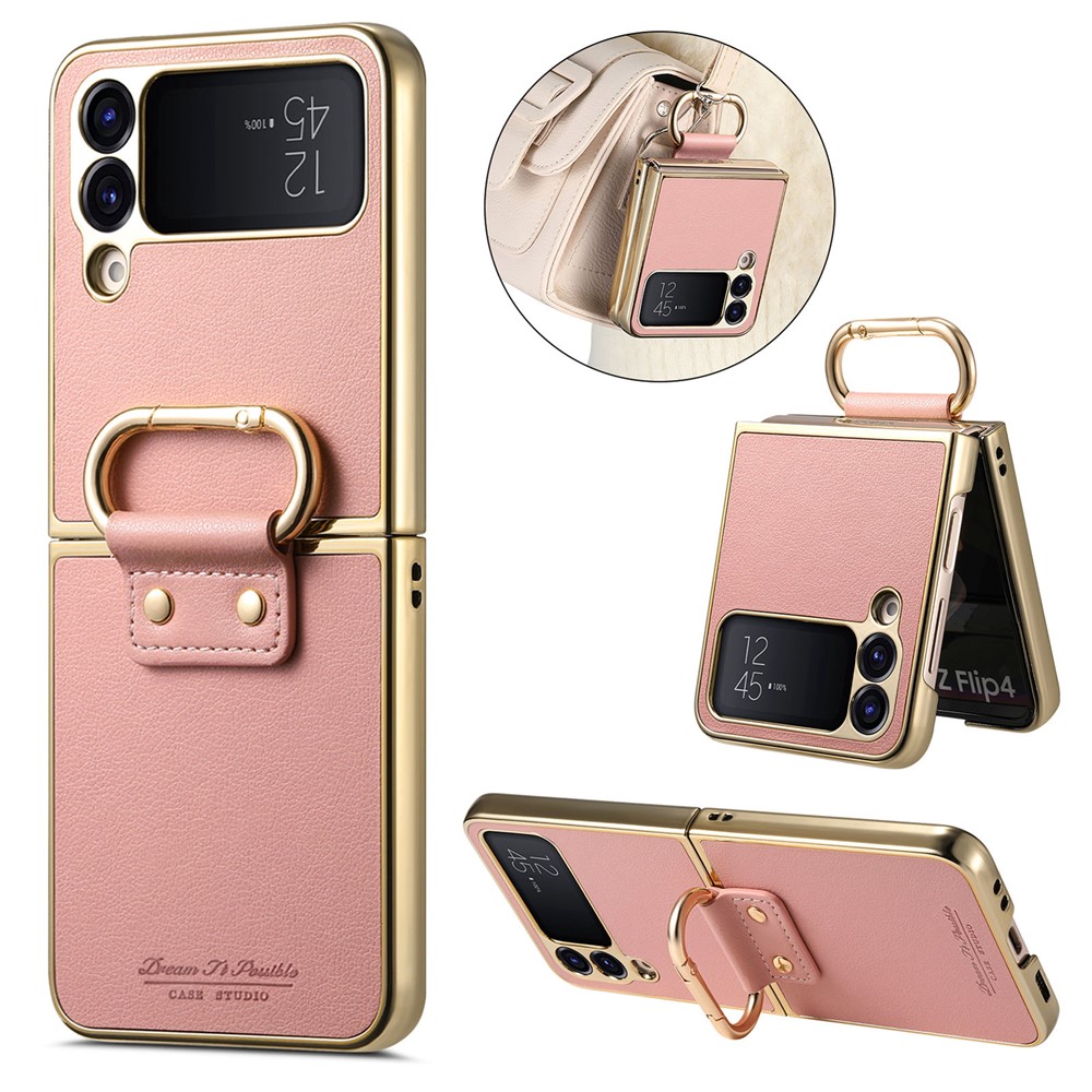 For Samsung Galaxy Z Flip4 5G Case Electroplating Leather Coated PC Phone Cover with Spring Ring Buckle Kickstand - Pink