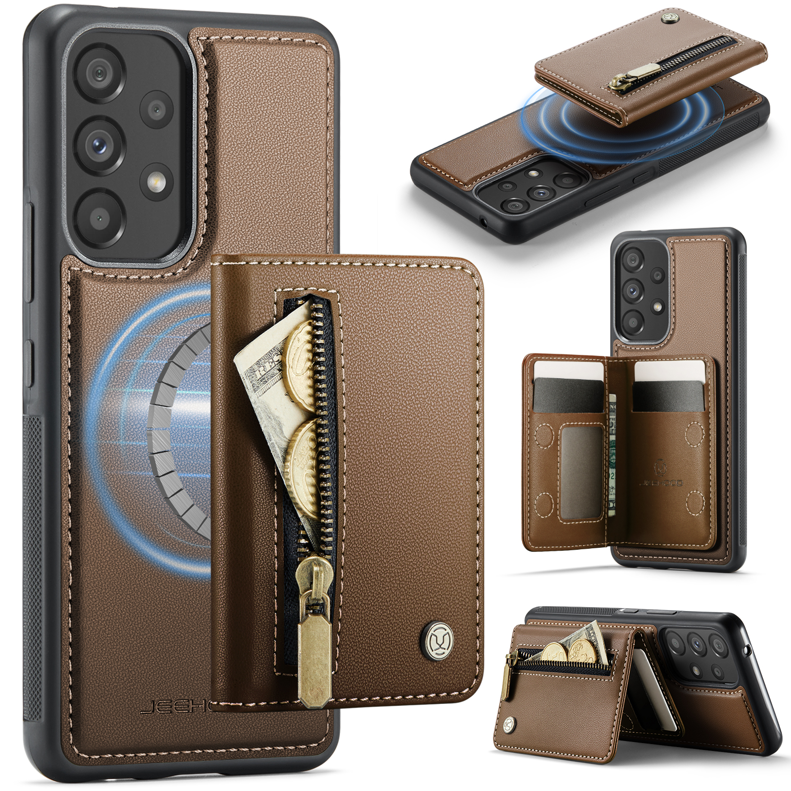 JEEHOOD For Samsung Galaxy A53 5G Case J12 Magnetic Detachable Zipper Wallet Kickstand Leather Back Cover Magnetic Case - Brown