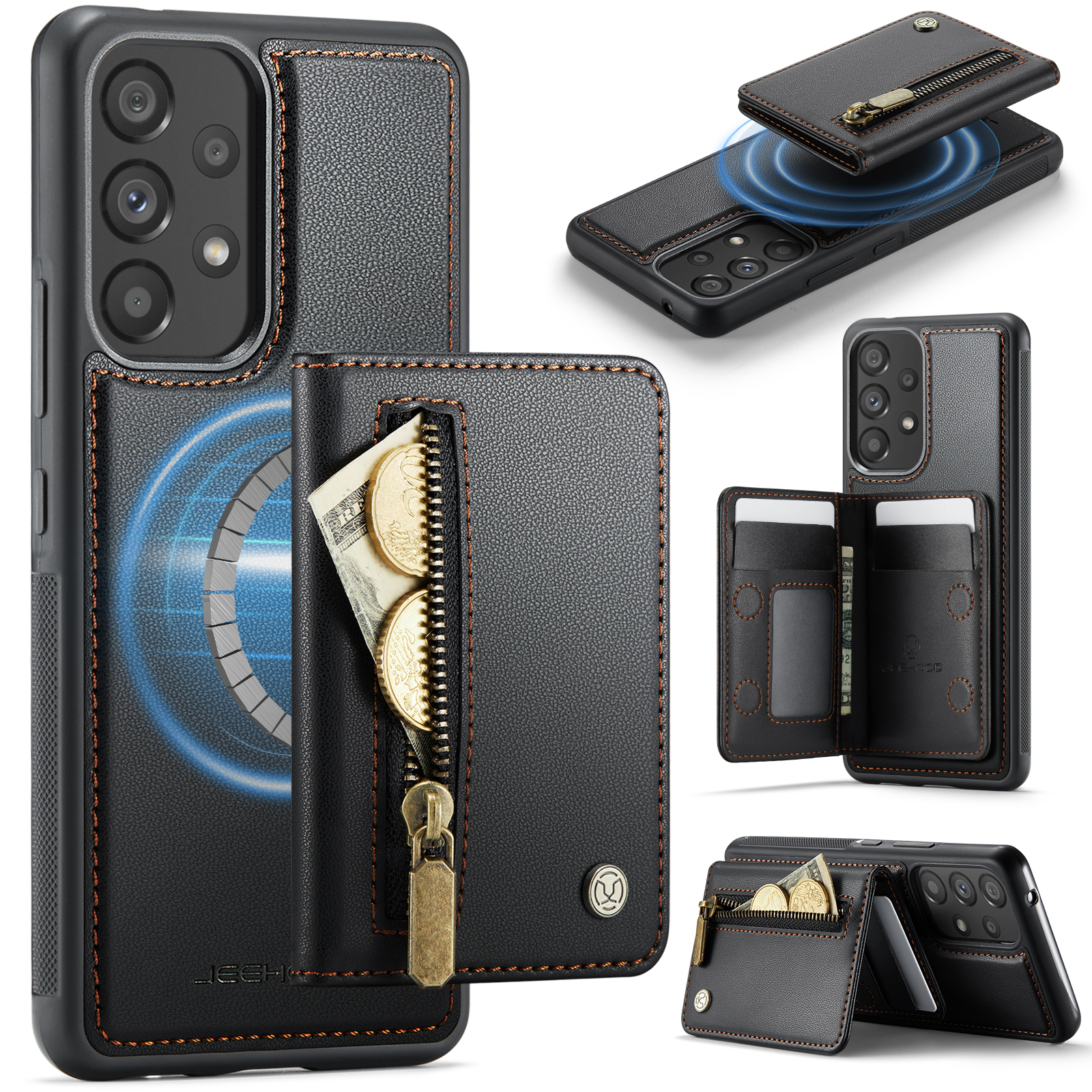 JEEHOOD For Samsung Galaxy A53 5G Case  J12 Magnetic Detachable Zipper Wallet Kickstand Leather Back Cover Magnetic Case - Black