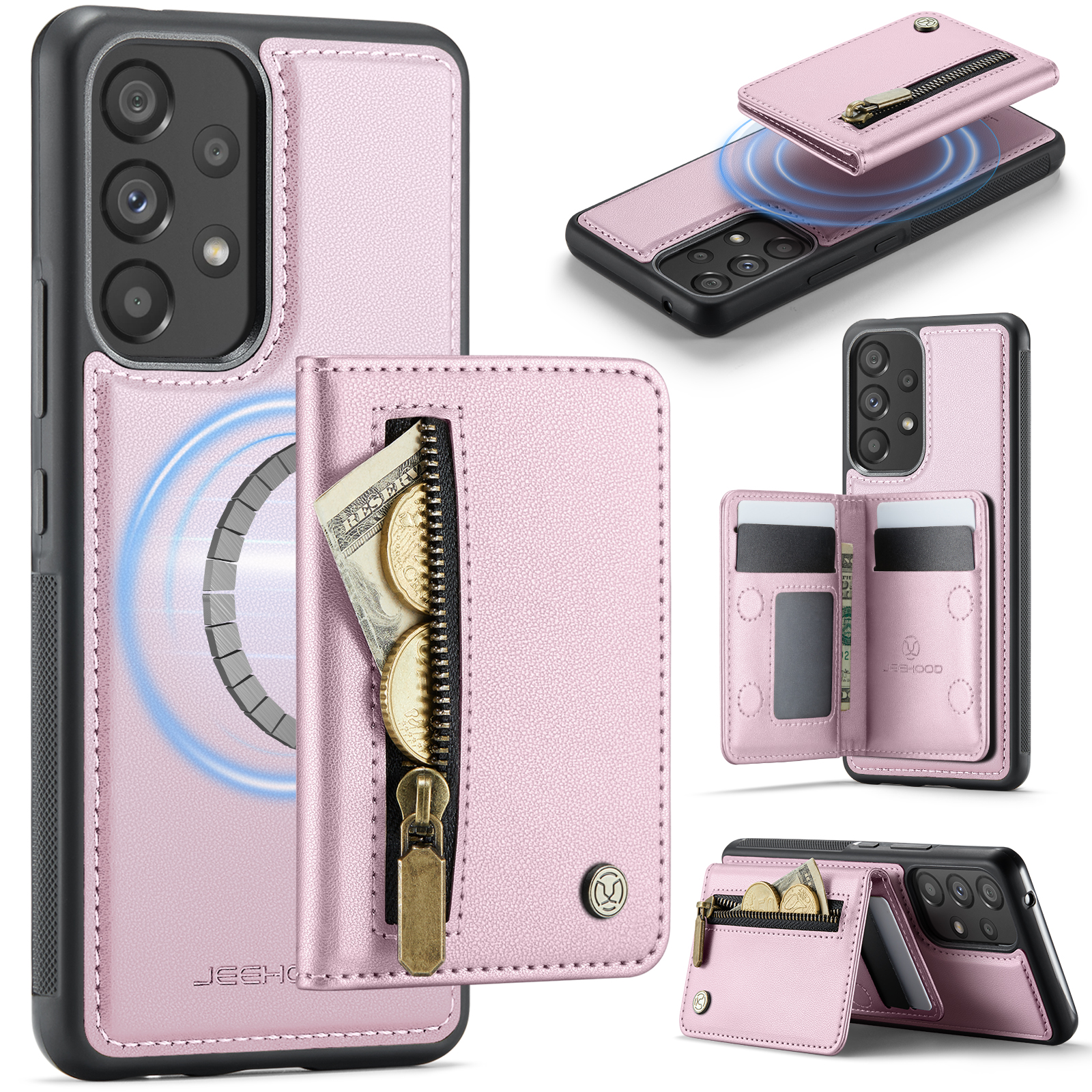 JEEHOOD For Samsung Galaxy A53 5G Case J12 Magnetic Detachable Zipper Wallet Kickstand Leather Back Cover Magnetic Case - Pink
