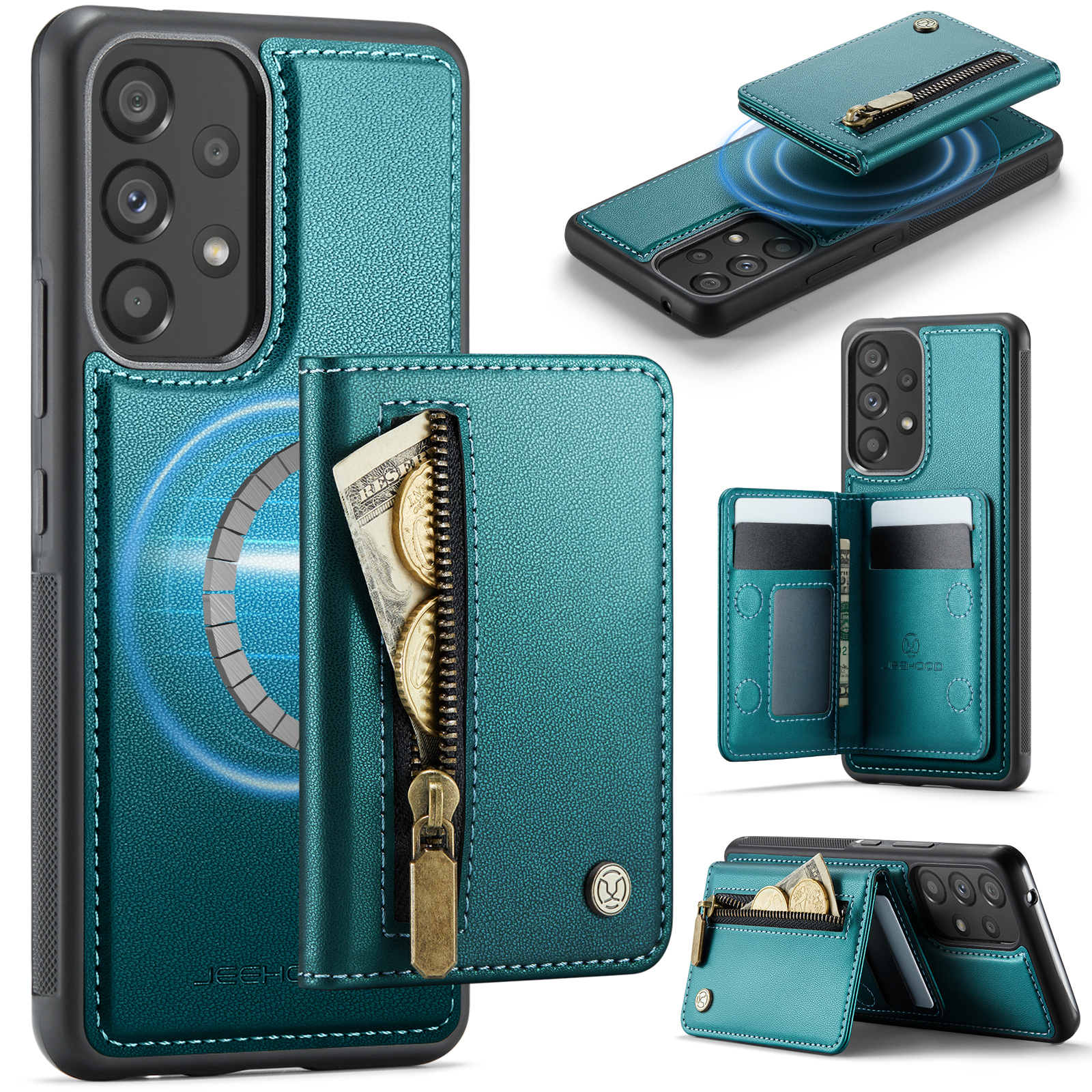 JEEHOOD For Samsung Galaxy A53 5G Case J12 Magnetic Detachable Zipper Wallet Kickstand Leather Back Cover Magnetic Case - Blue