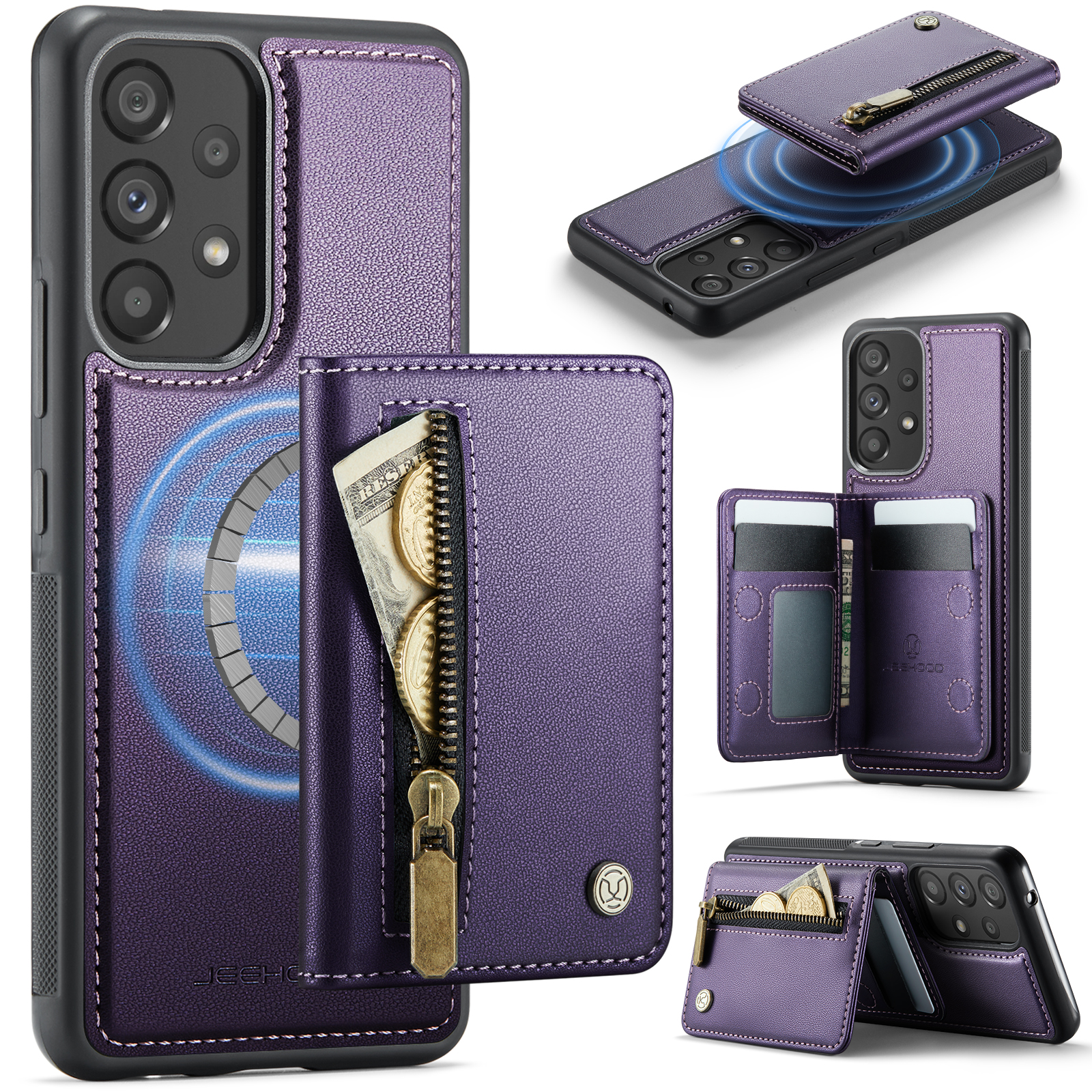 JEEHOOD For Samsung Galaxy A53 5G Case  J12 Magnetic Detachable Zipper Wallet Kickstand Leather Back Cover Magnetic Case - Purple