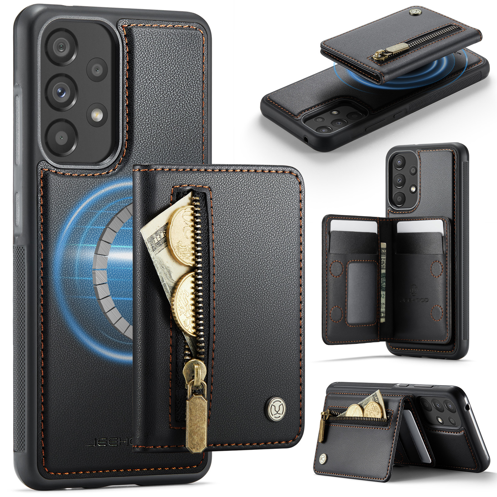 JEEHOOD For Samsung Galaxy A52 5G / Galaxy A52s 5G / Galaxy A52 4G Case J12 Magnetic Detachable Zipper Wallet Kickstand Leather Back Cover Magnetic Case - Black