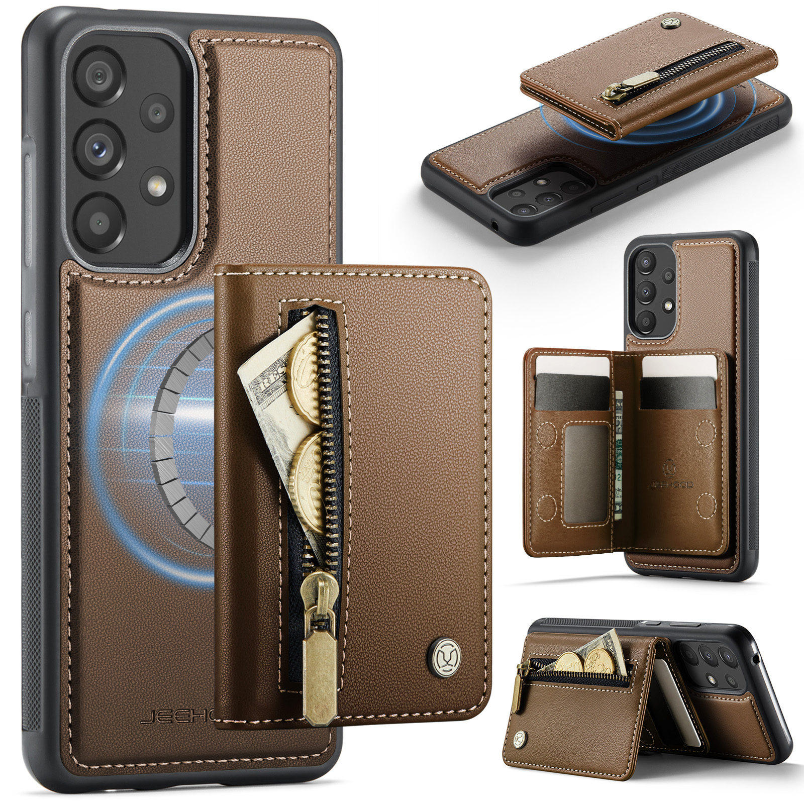 JEEHOOD For Samsung Galaxy A52 5G / Galaxy A52s 5G / Galaxy A52 4G Case J12 Magnetic Detachable Zipper Wallet Kickstand Leather Back Cover Magnetic Case - Brown
