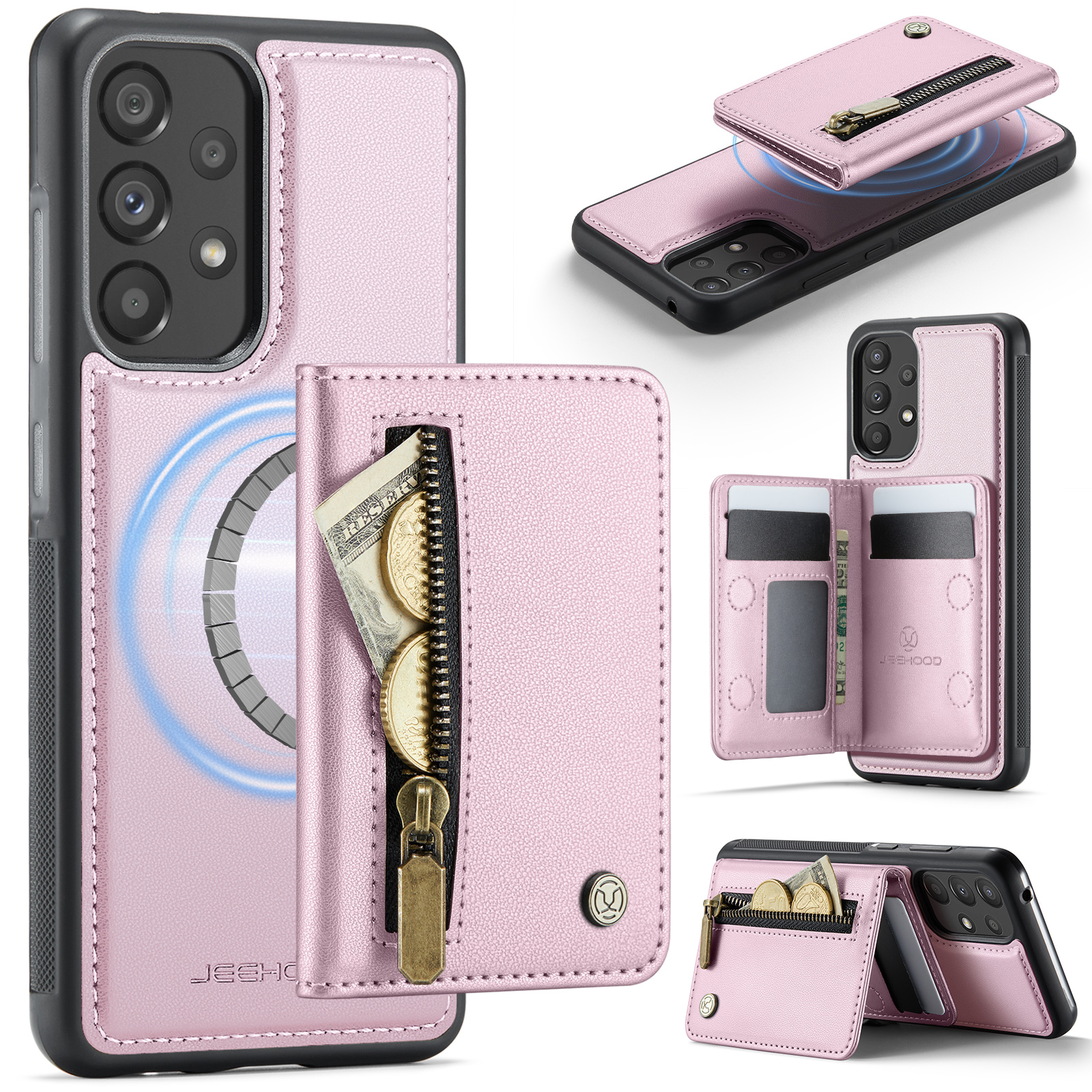 JEEHOOD For Samsung Galaxy A52 5G / Galaxy A52s 5G / Galaxy A52 4G Case  J12 Magnetic Detachable Zipper Wallet Kickstand Leather Back Cover Magnetic Case - Pink