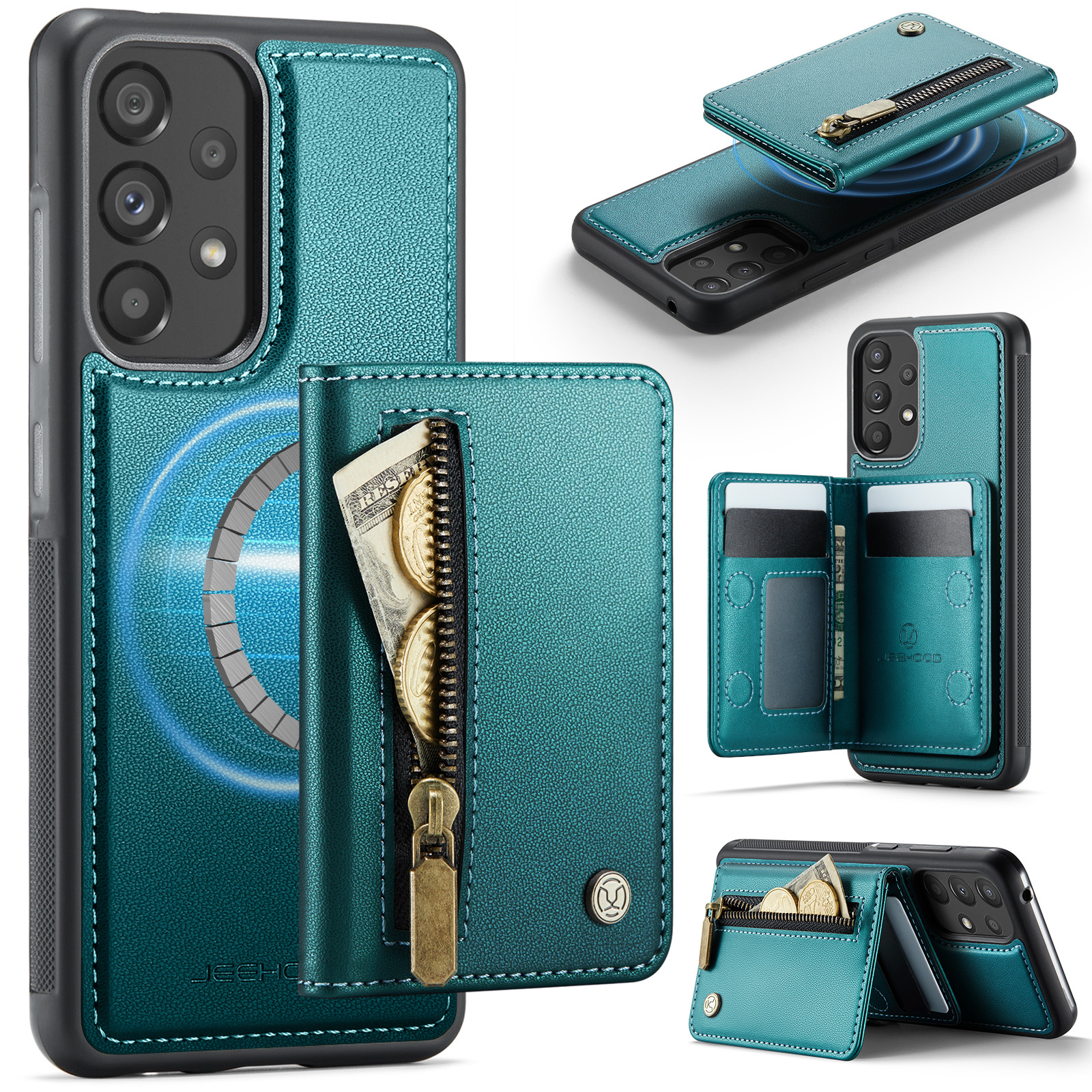 JEEHOOD For Samsung Galaxy A52 5G / Galaxy A52s 5G / Galaxy A52 4G Case J12 Magnetic Detachable Zipper Wallet Kickstand Leather Back Cover Magnetic Case - Blue
