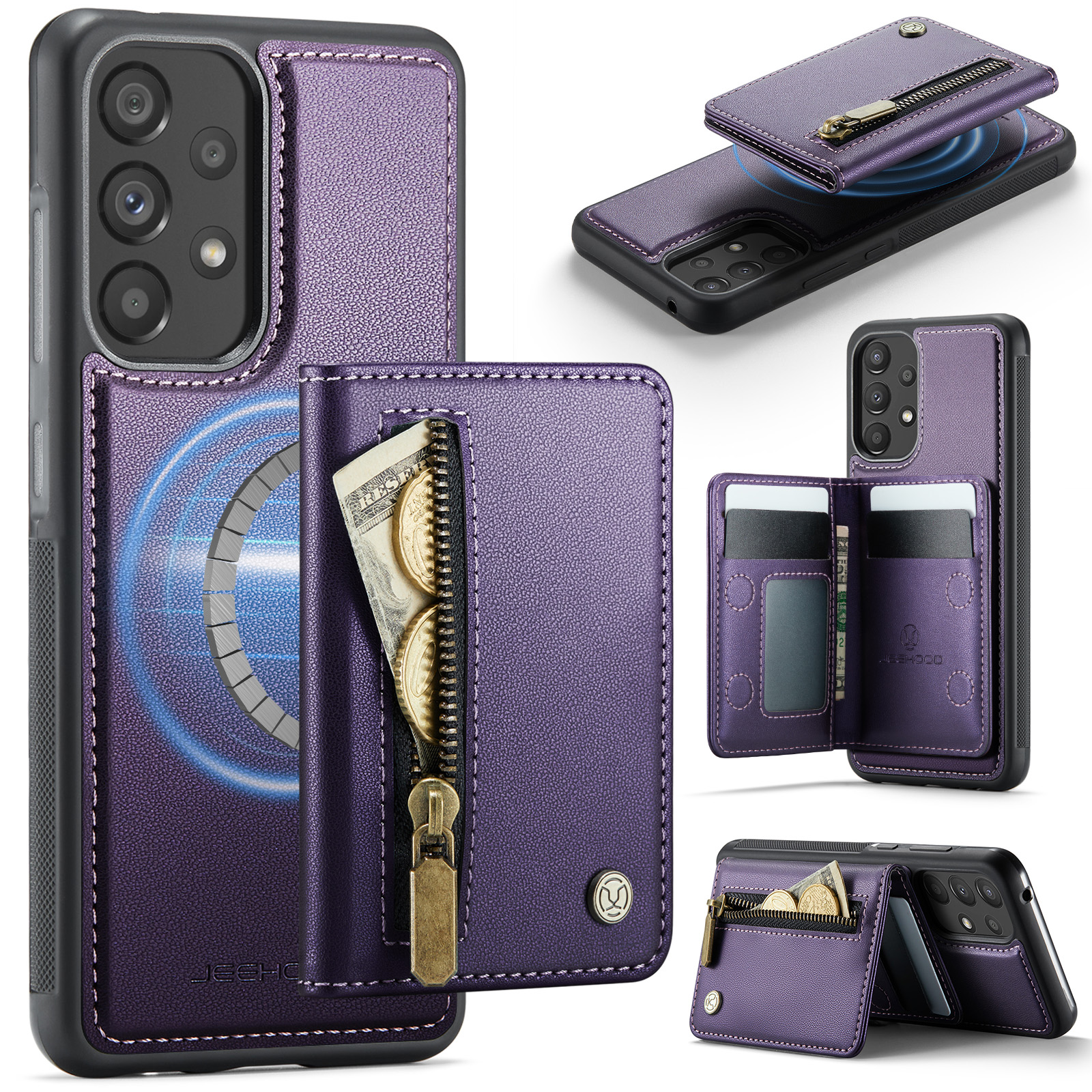 JEEHOOD For Samsung Galaxy A52 5G / Galaxy A52s 5G / Galaxy A52 4G Case J12 Magnetic Detachable Zipper Wallet Kickstand Leather Back Cover Magnetic Case - Purple