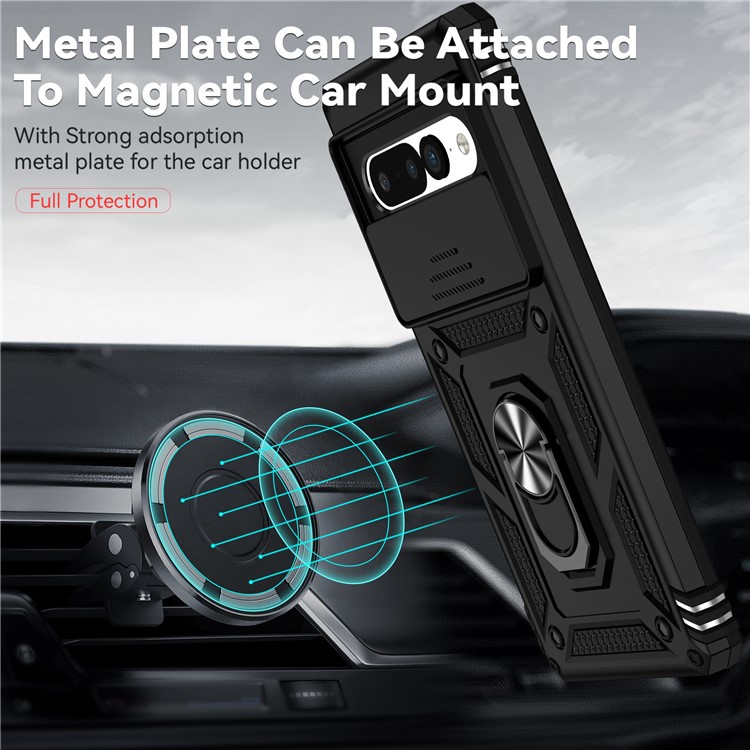 Case de Protección de Kingstand de Anillo Para Google Pixel 7 Pro 5G, Diseño de Tapa de la Cámara Deslizante PC + TPU Anti-drop Back Cover - Negro-4