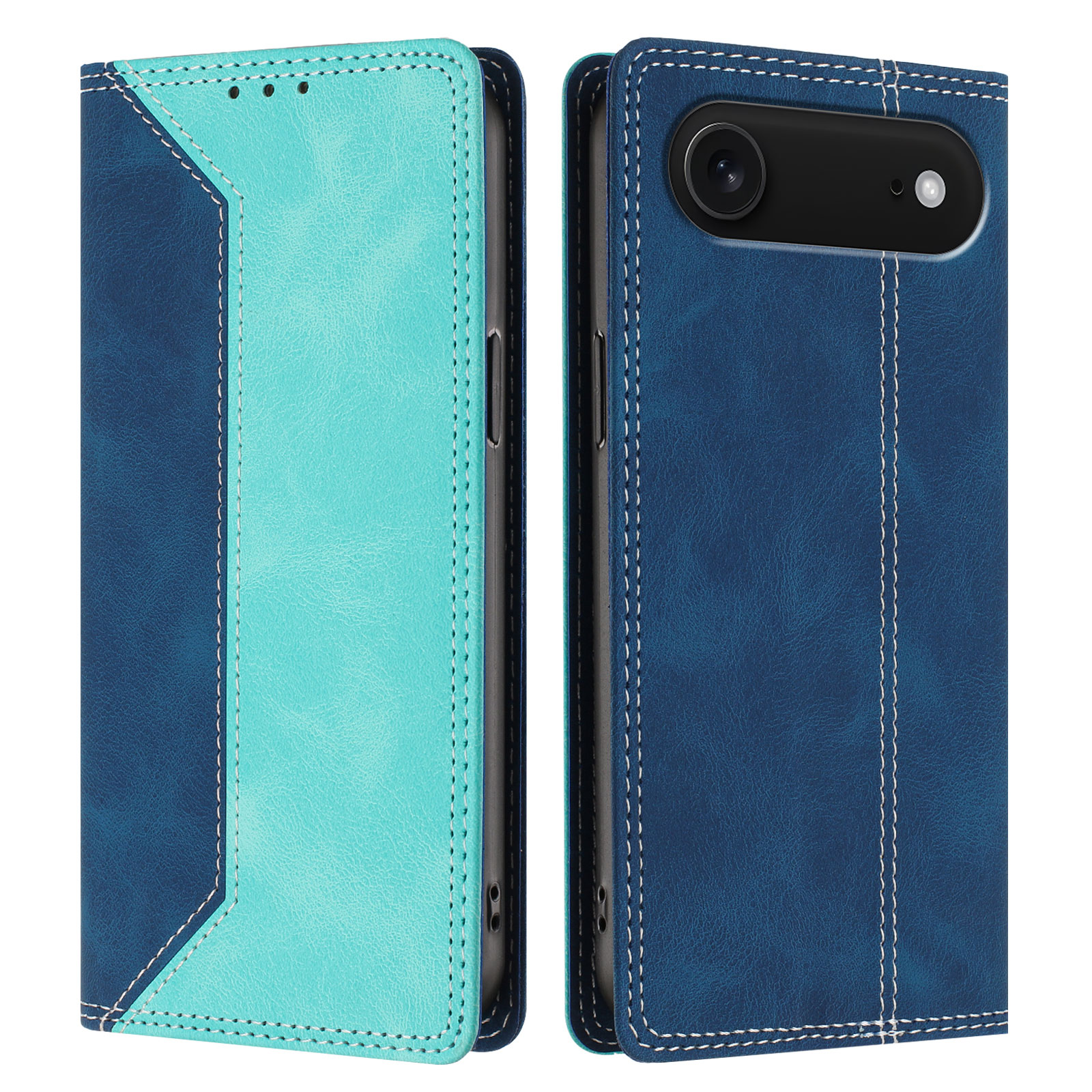 For iPhone Air Leather Case Skin Touch Color Splicing RFID Blocking Wallet Stand Phone Cover - Dark Blue / Green