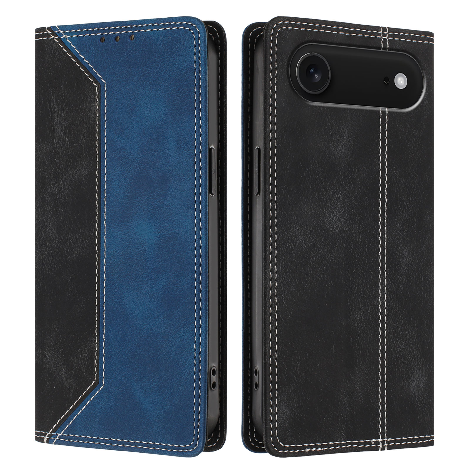 For iPhone Air Leather Case Skin Touch Color Splicing RFID Blocking Wallet Stand Phone Cover - Black / Dark Blue