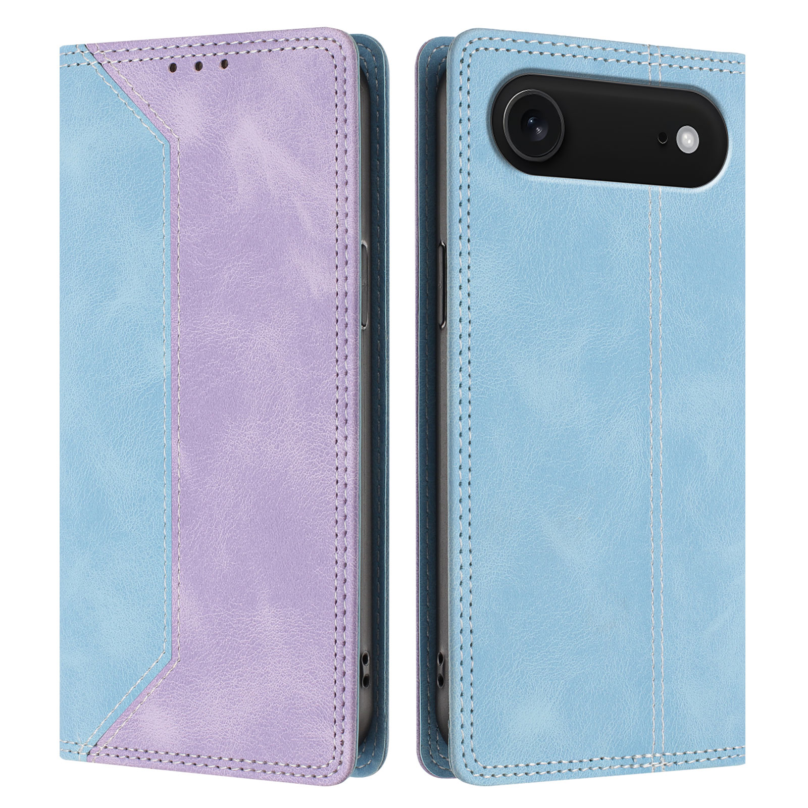 For iPhone Air Leather Case Skin Touch Color Splicing RFID Blocking Wallet Stand Phone Cover - Blue / Purple