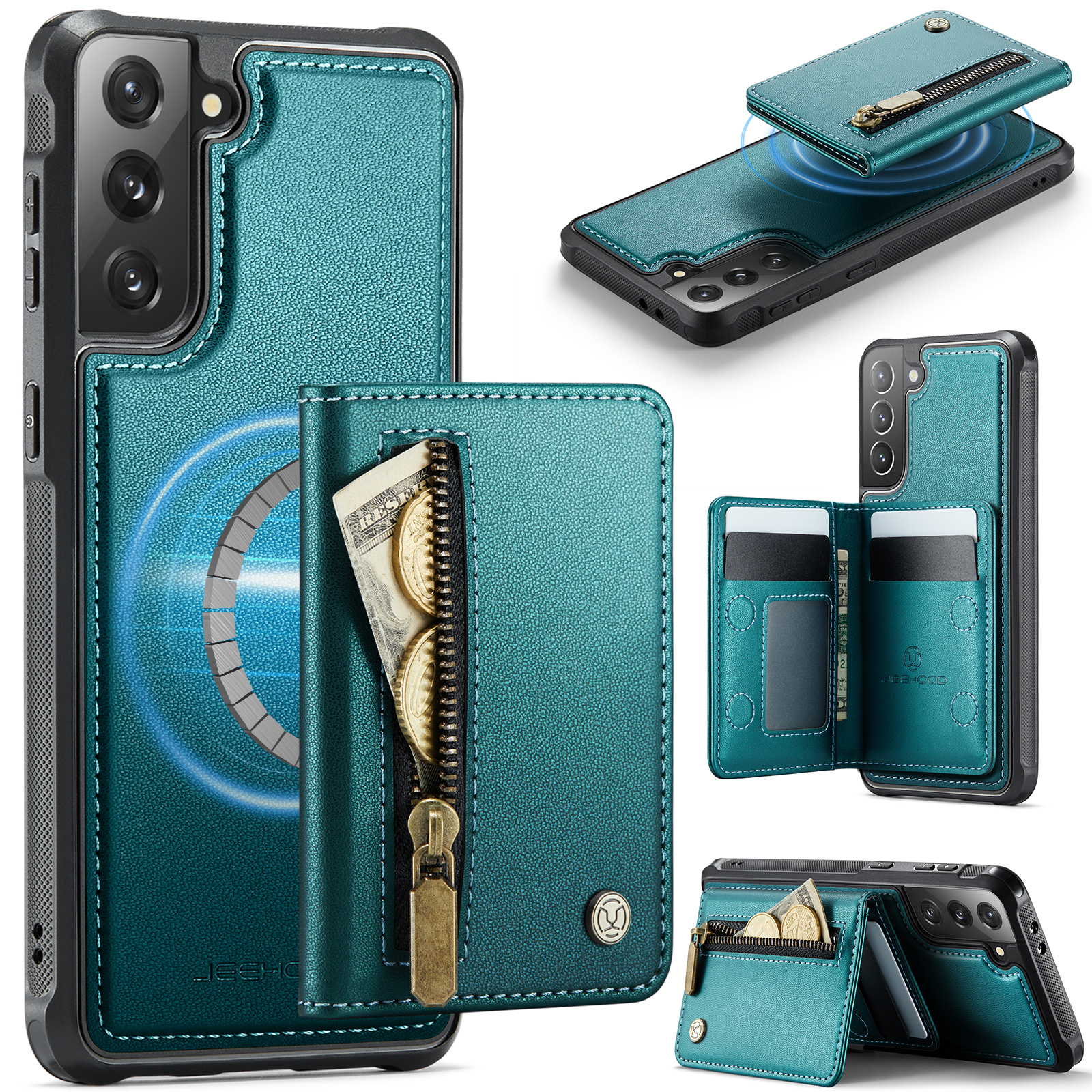 JEEHOOD For Samsung Galaxy S21+ 5G Case J12 Magnetic Detachable Zipper Wallet Kickstand Leather Back Cover Magnetic Case - Blue