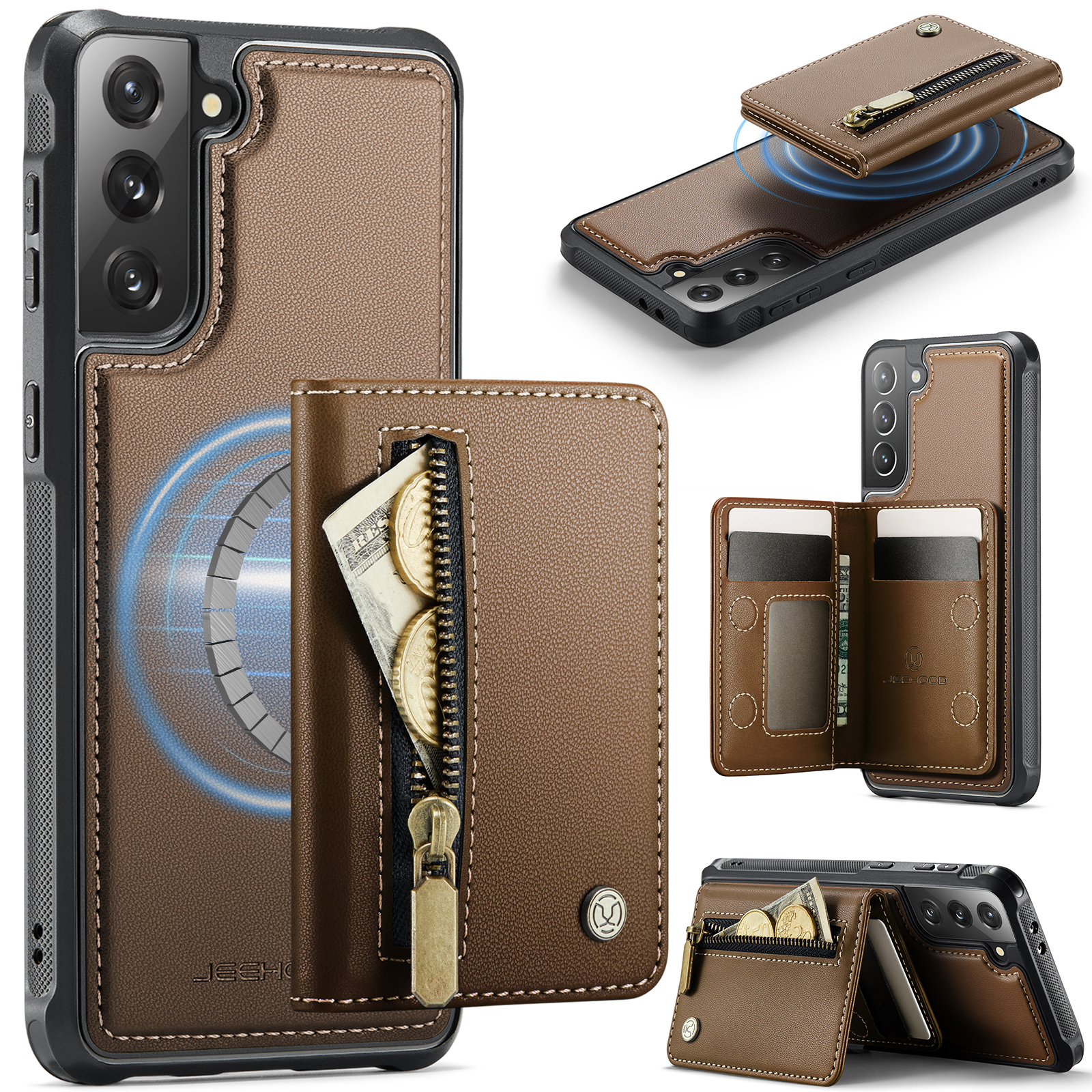 JEEHOOD For Samsung Galaxy S21+ 5G Case J12 Magnetic Detachable Zipper Wallet Kickstand Leather Back Cover Magnetic Case - Brown