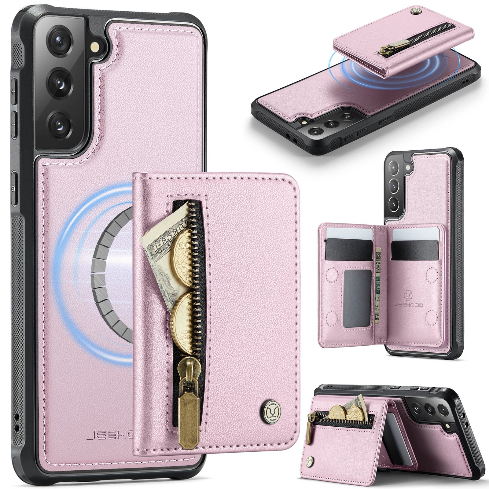 JEEHOOD For Samsung Galaxy S21+ 5G Case  J12 Magnetic Detachable Zipper Wallet Kickstand Leather Back Cover Magnetic Case - Pink