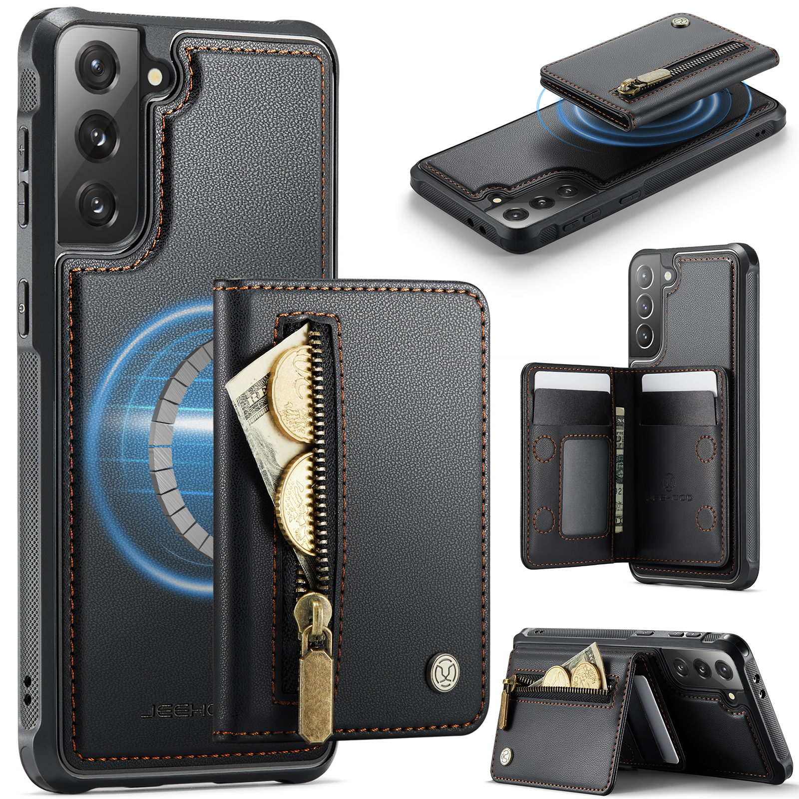 JEEHOOD For Samsung Galaxy S21 5G Case J12 Magnetic Detachable Zipper Wallet Kickstand Leather Back Cover Magnetic Case - Black