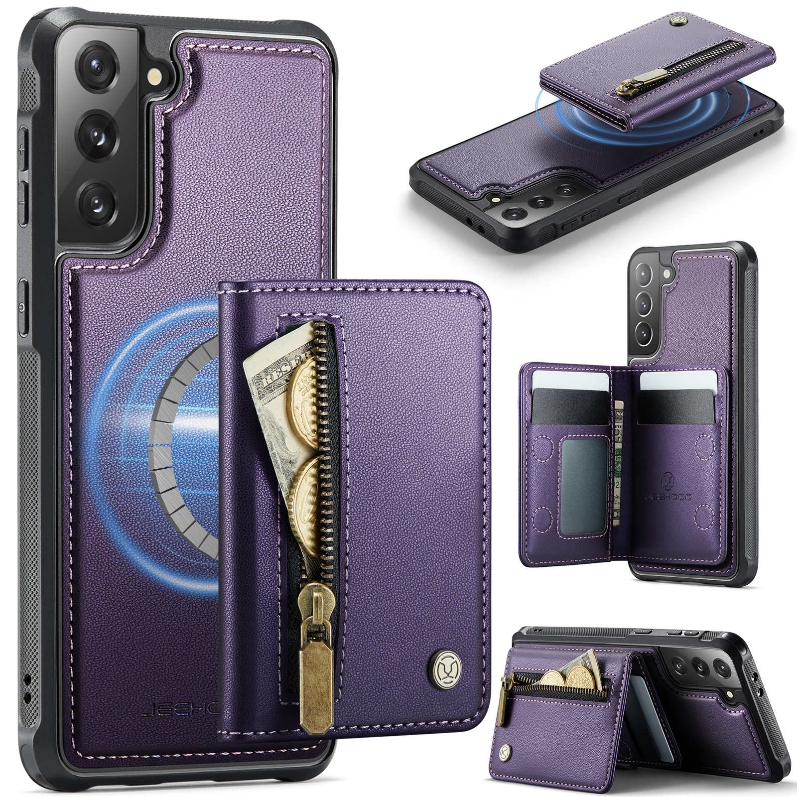 JEEHOOD For Samsung Galaxy S21 5G Case J12 Magnetic Detachable Zipper Wallet Kickstand Leather Back Cover Magnetic Case - Purple