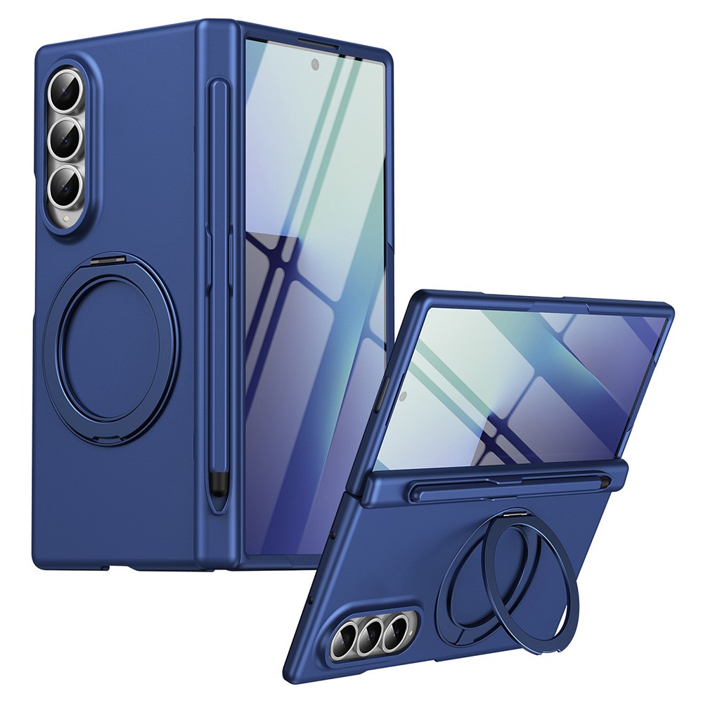 For Samsung Galaxy Z Fold3 5G Rotary Kickstand PC Phone Cover with Tempered Glass Film / Stylus - Dark Blue