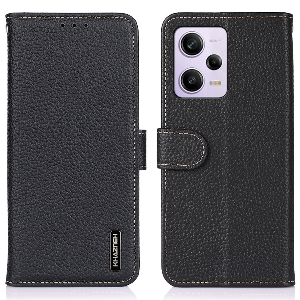 KHAZNEH For Xiaomi Redmi Note 12 Pro 5G Litchi Texture Genuine Leather Flip Wallet Cover Stand Magnetic Folio Full Protective Phone Case - Black-1