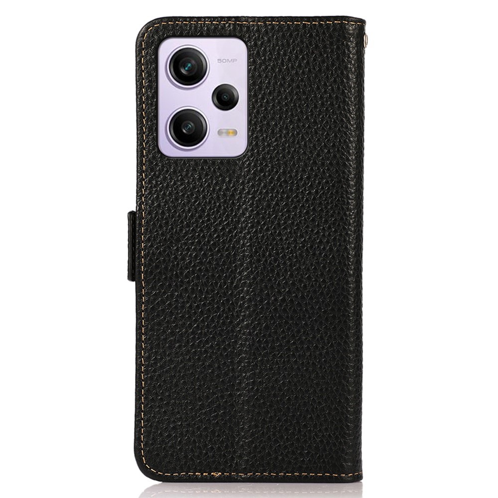 KHAZNEH for Xiaomi Redmi Note 12 Pro 5G Litchi Texture Genuine Leather RFID Blocking Wallet Case Stand Magnetic Closure Protective Phone Cover - Black-8