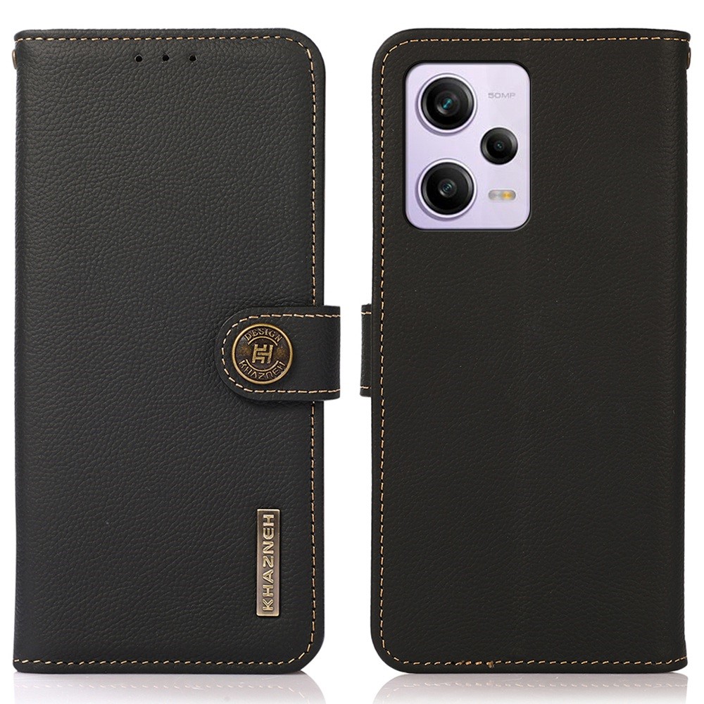 KHAZNEH For Xiaomi Redmi Note 12 Pro 5G RFID Blocking Wallet Phone Case Genuine Leather Stand Magnetic Flip Folio Cover - Black-1